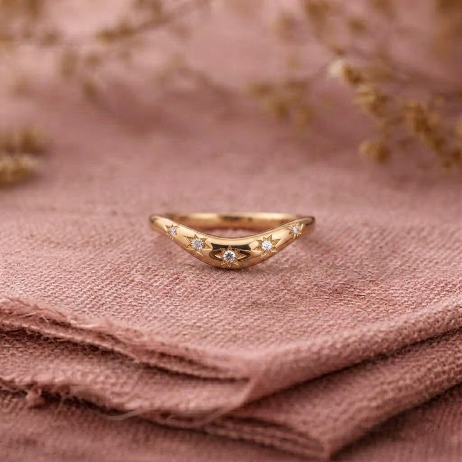 14K Gold Celestial Curved Wedding Band, Moissanite Starburst Curved Band, Half Eternity Celestial Ring For Women, Curved Diamond Star Ring