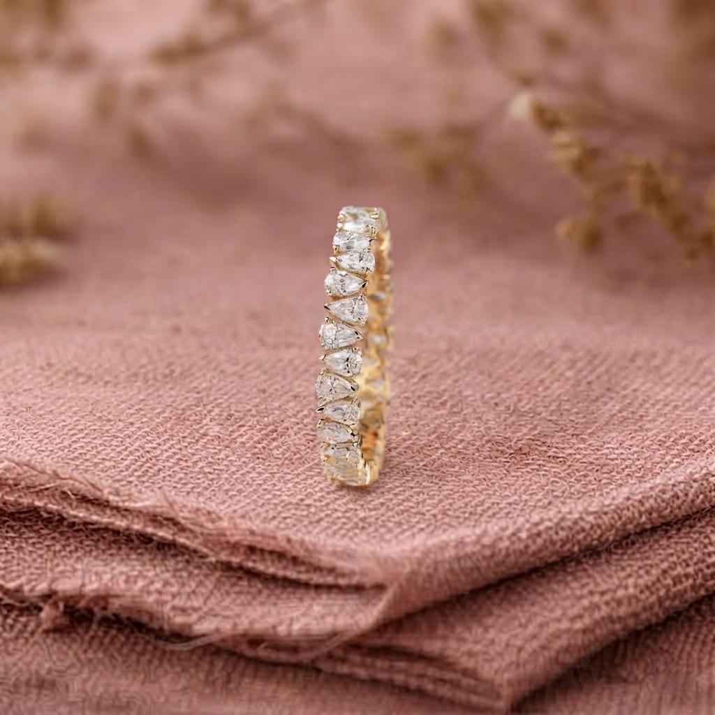 Pear Cut Moissanite Wedding Band, Lab Grown Diamond Bridal Band, 14K Solid Gold Moissanite Anniversary Band, Full Eternity Moissanite Band