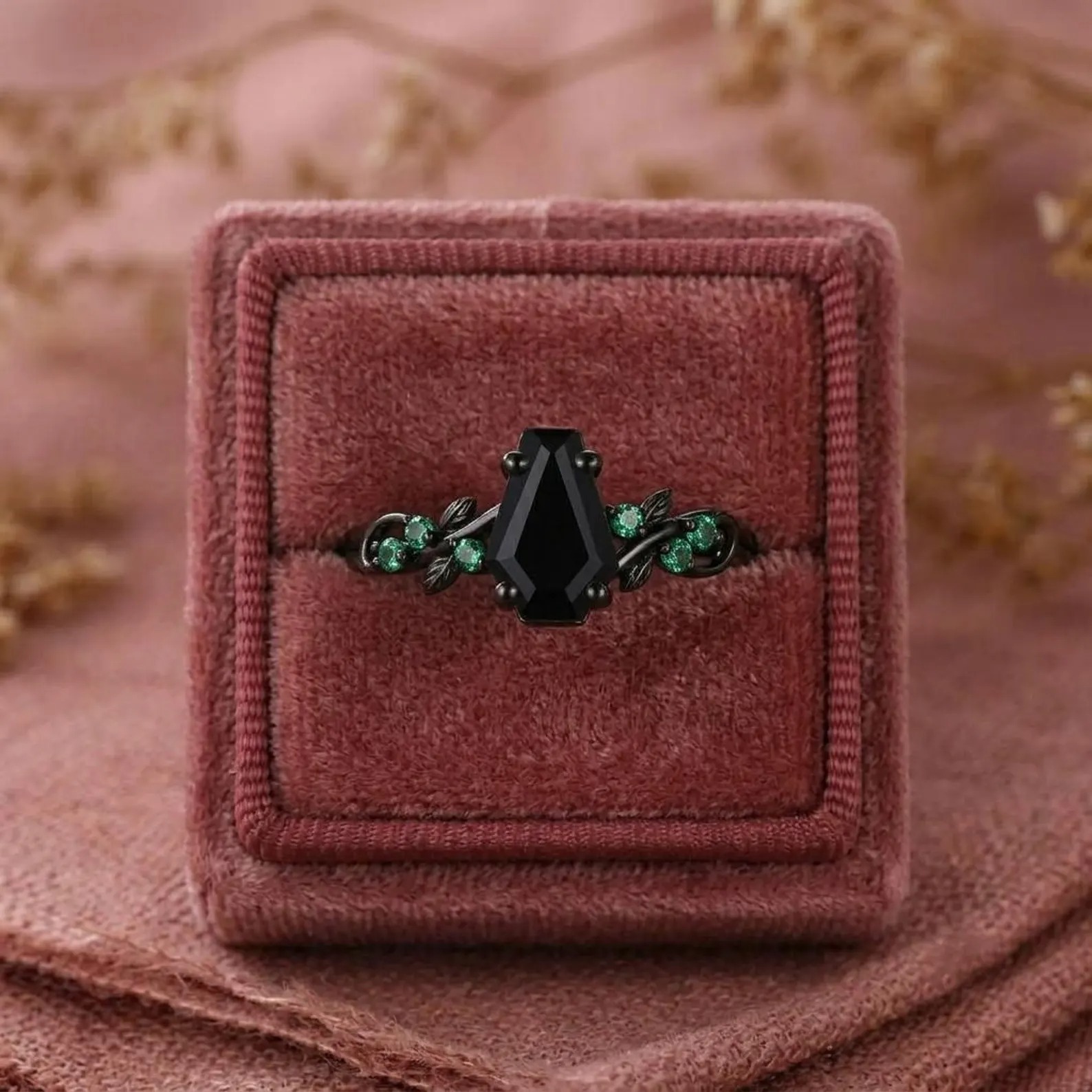 Coffin Cut Black Onyx Engagement Ring, Black Gold Art Deco Leaf Ring, Nature Inspired Emerald Wedding Ring, Bridal Promise Ring