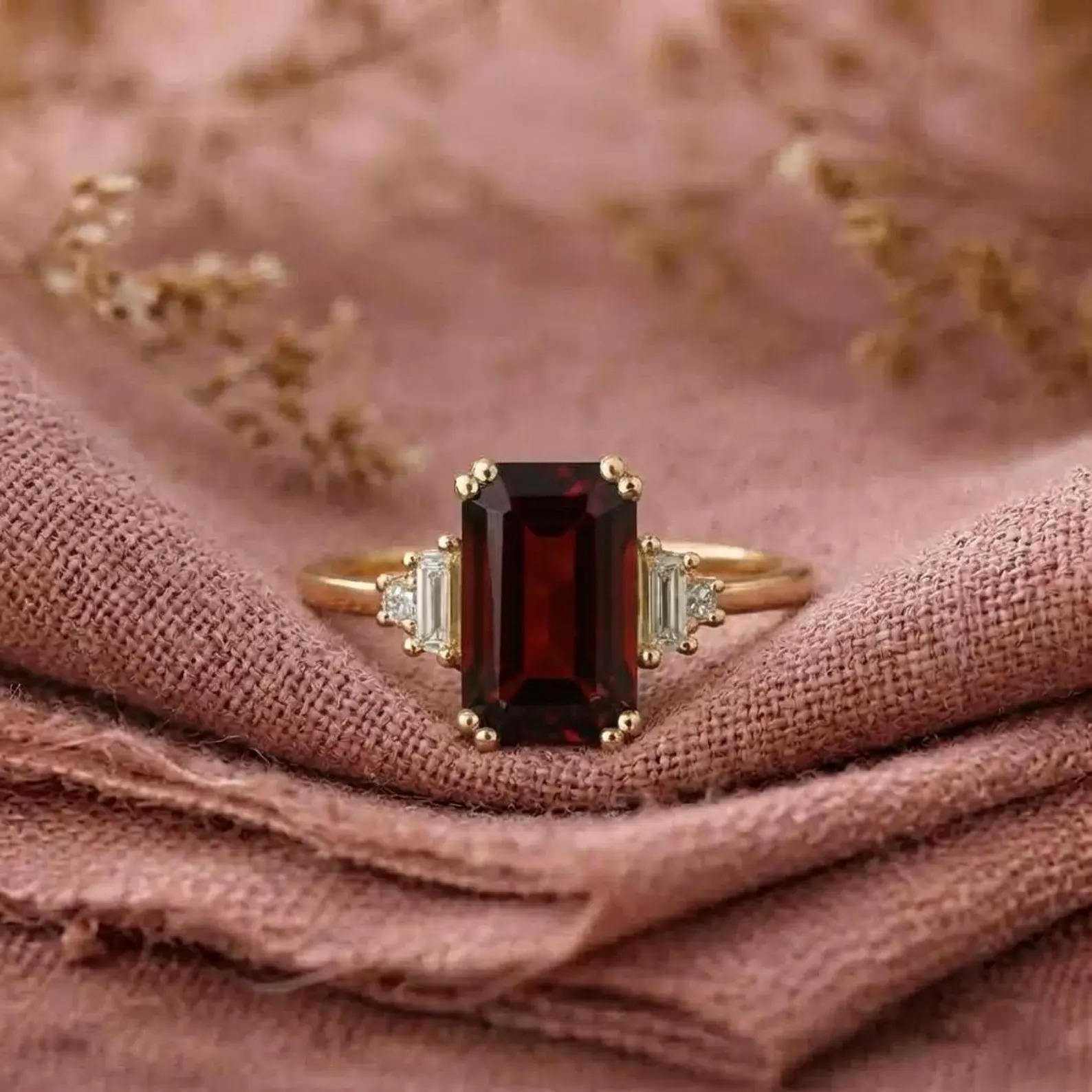 Emerald Cut Engagement Ring in 14k Solid Gold 1.50 CT Garnet Engagement Ring Emerald Art Deco Garnet Ring Gold Promise Ring