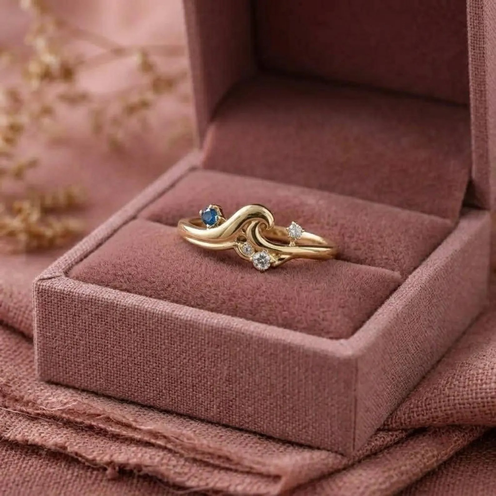 Ocean Wave Sapphire Ring, Blue Sapphire Engagement Ring, Gold Wave Ring, Minimalist Promise Ring, Beach Lover Gift, Dainty Diamond Ring