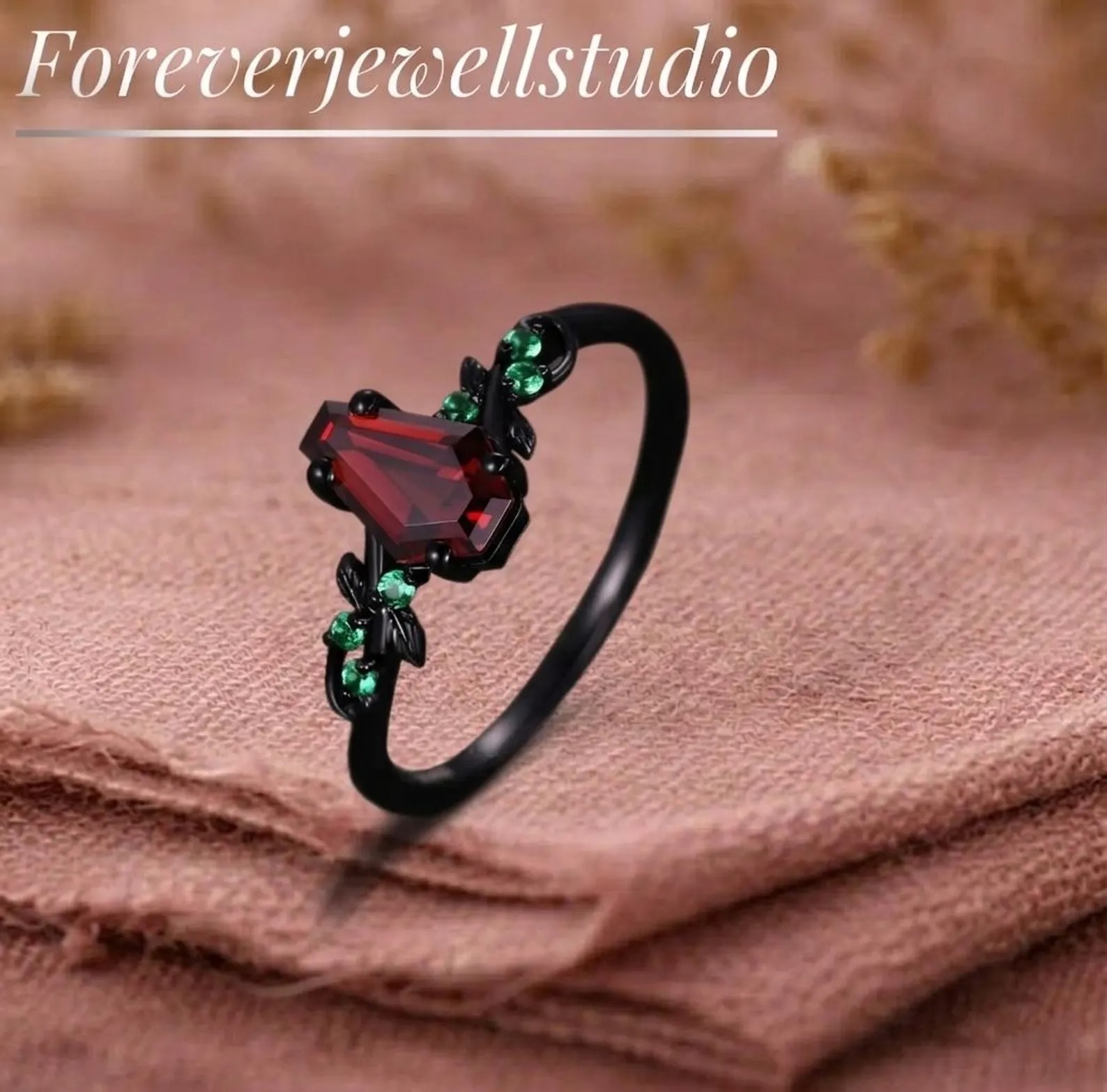 Coffin Cut Red Garnet Ring, Black Gold Art Deco Leaf Engagement Ring, Nature Inspired Emerald Wedding Ring, Bridal Promise Ring, Garnet Ring