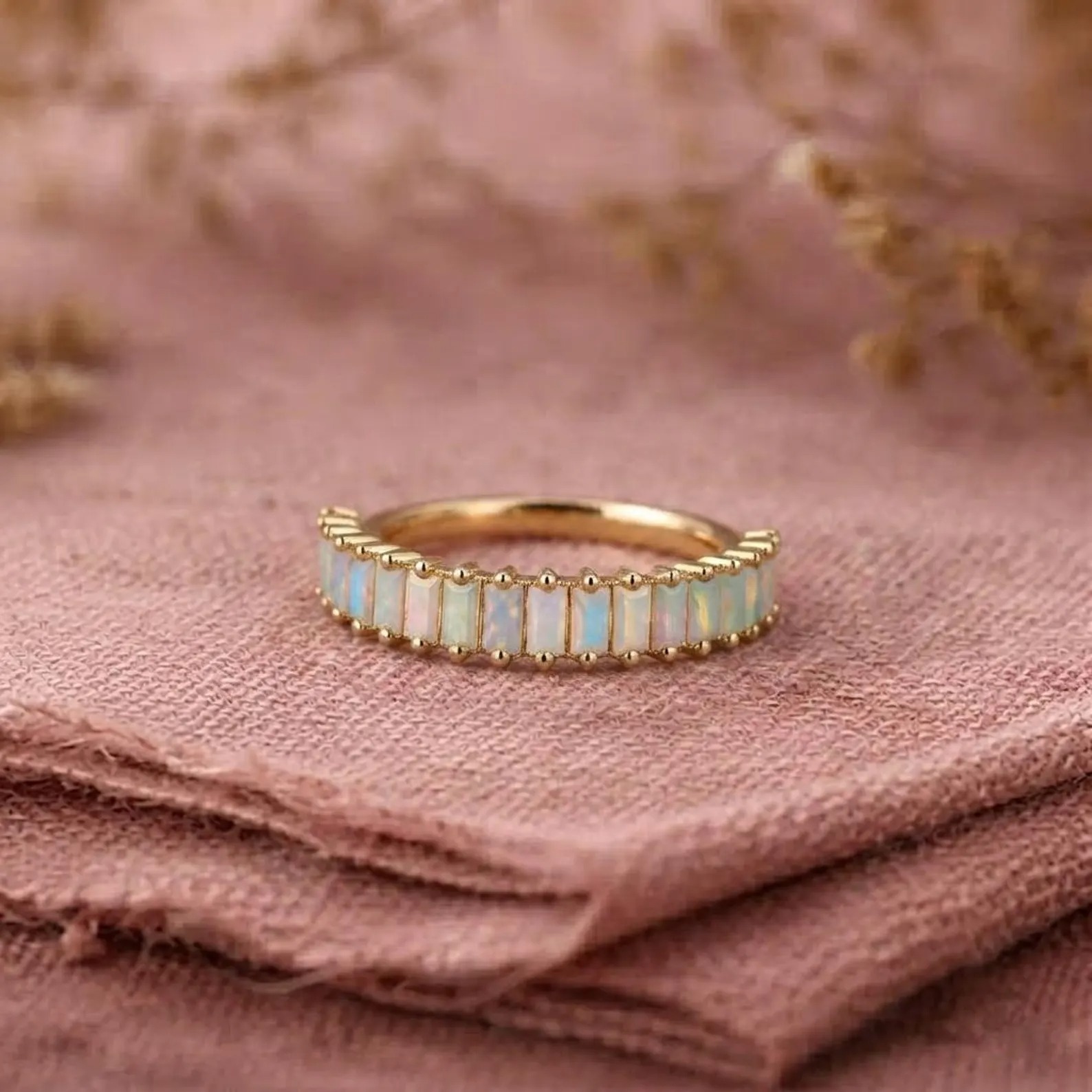 Gold Opal Eternity Ring, Baguette Opal Band, Minimalist Wedding Band, Stackable Promise Ring, Anniversary Gift For Her, Half Eternity Band