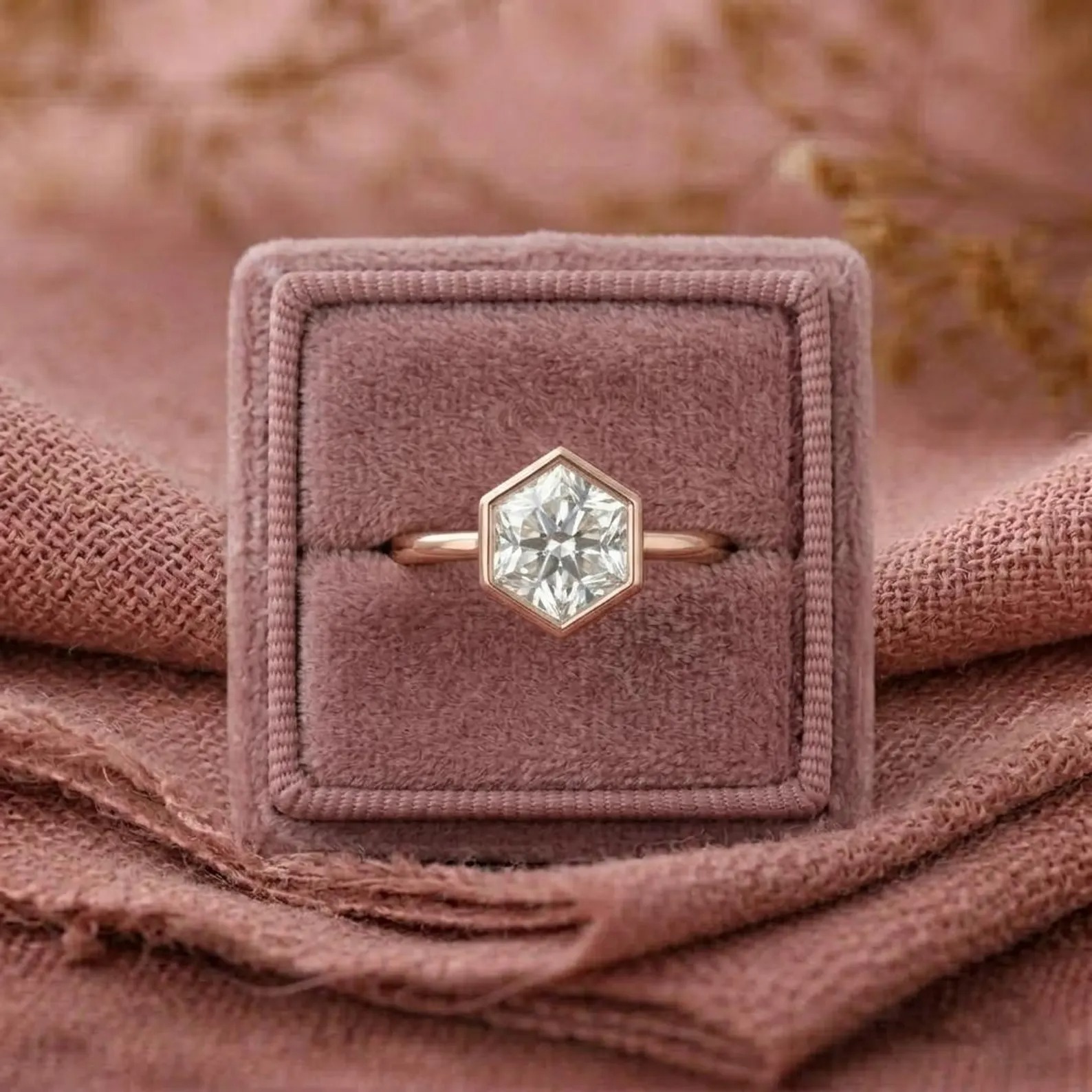 Hexagon Moissanite Engagement Ring, Rose Gold Bezel Set Ring, Geometric Solitaire Ring, Minimalist Promise Ring for Her, Bezel Set Ring