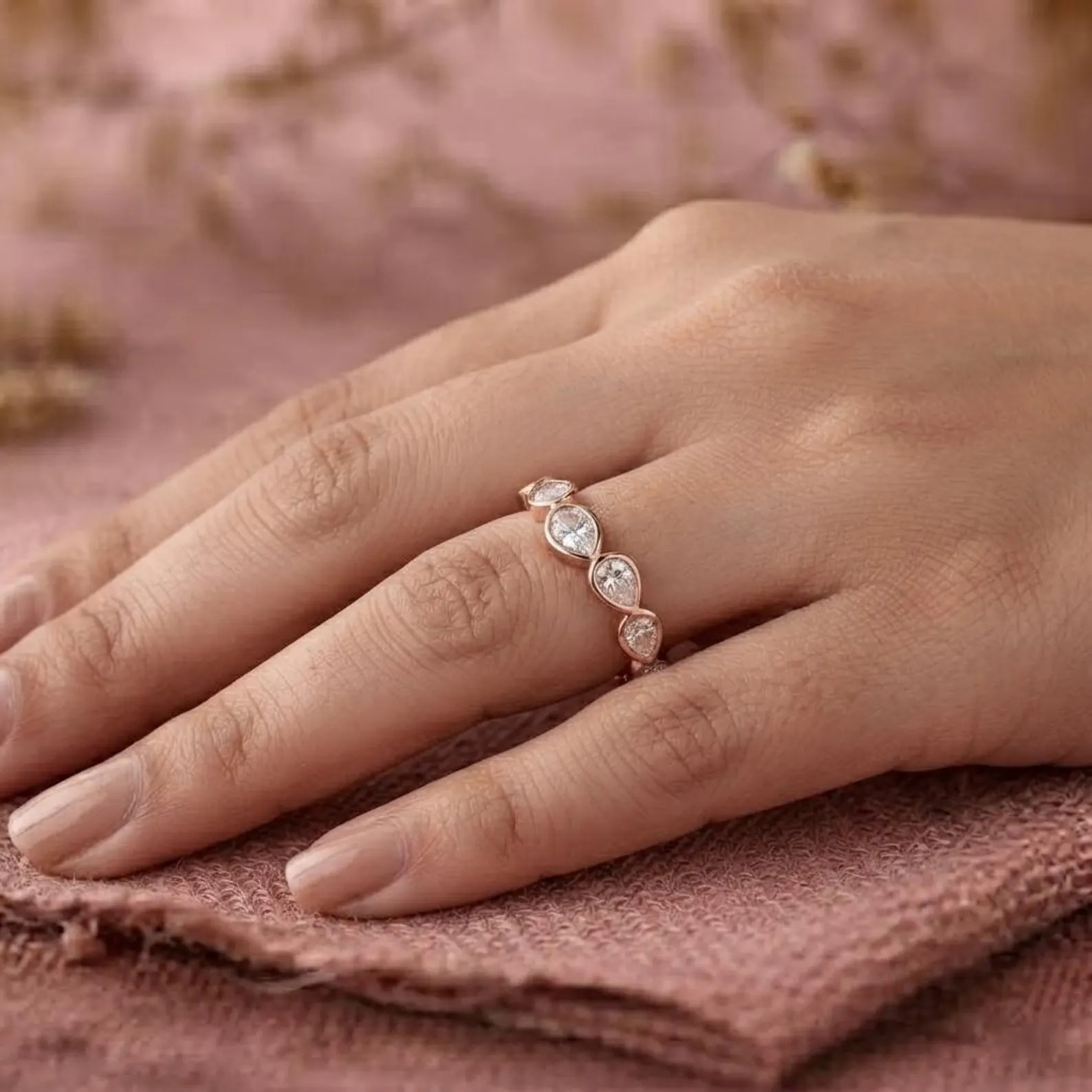 Delicate 1.05 TC Pear Cut Wedding Band Moissanite Matching Band 14k Solid Yellow Gold Shared Prongs Stacking Band Half Eternity Wedding Gift