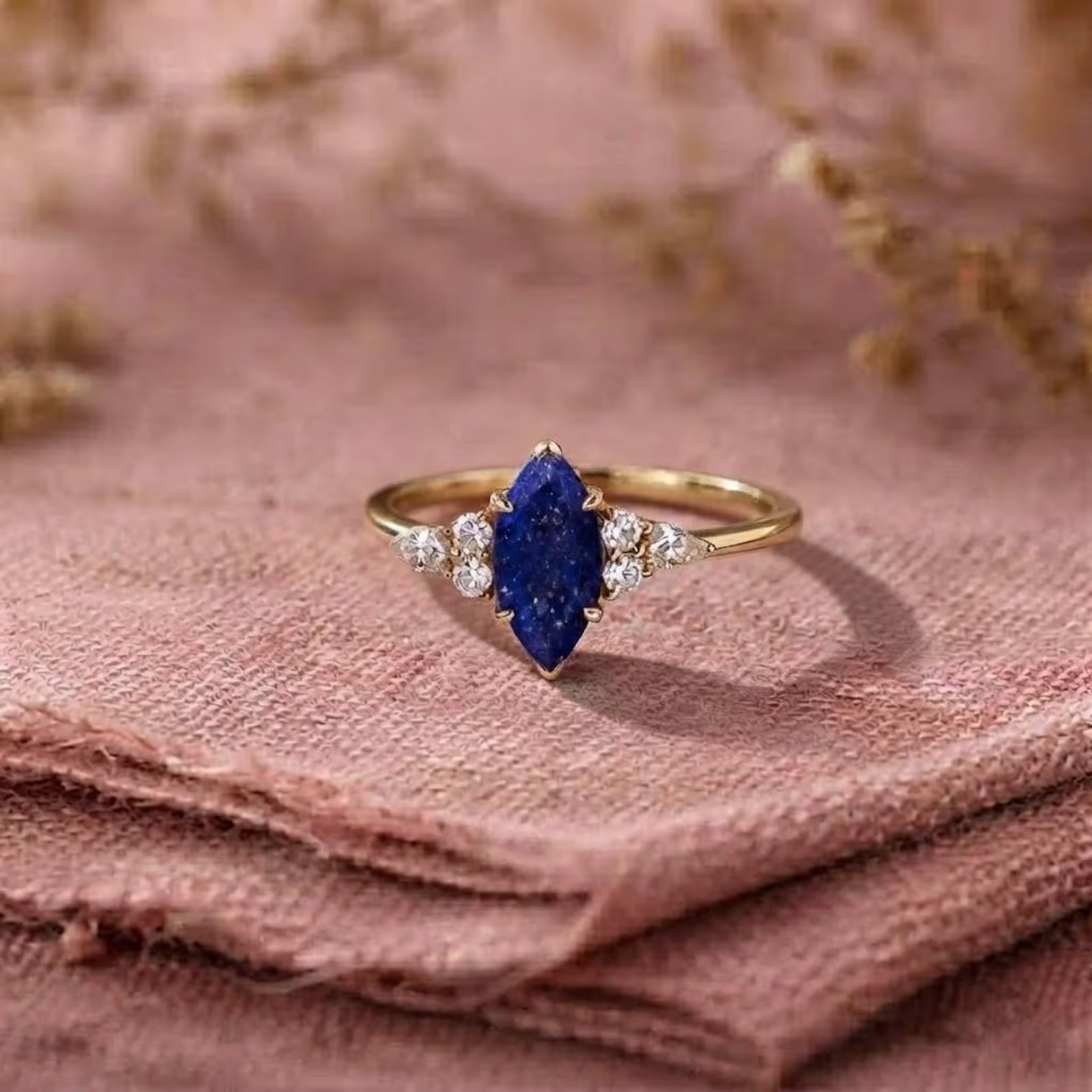 Lapis Lazuli Ring, Marquise Cut Lapis lazuli Statement Ring, Gemstone Ring, Vintage Diamond Cluster Ring, Promise Ring, Natural Lapis Lazuli