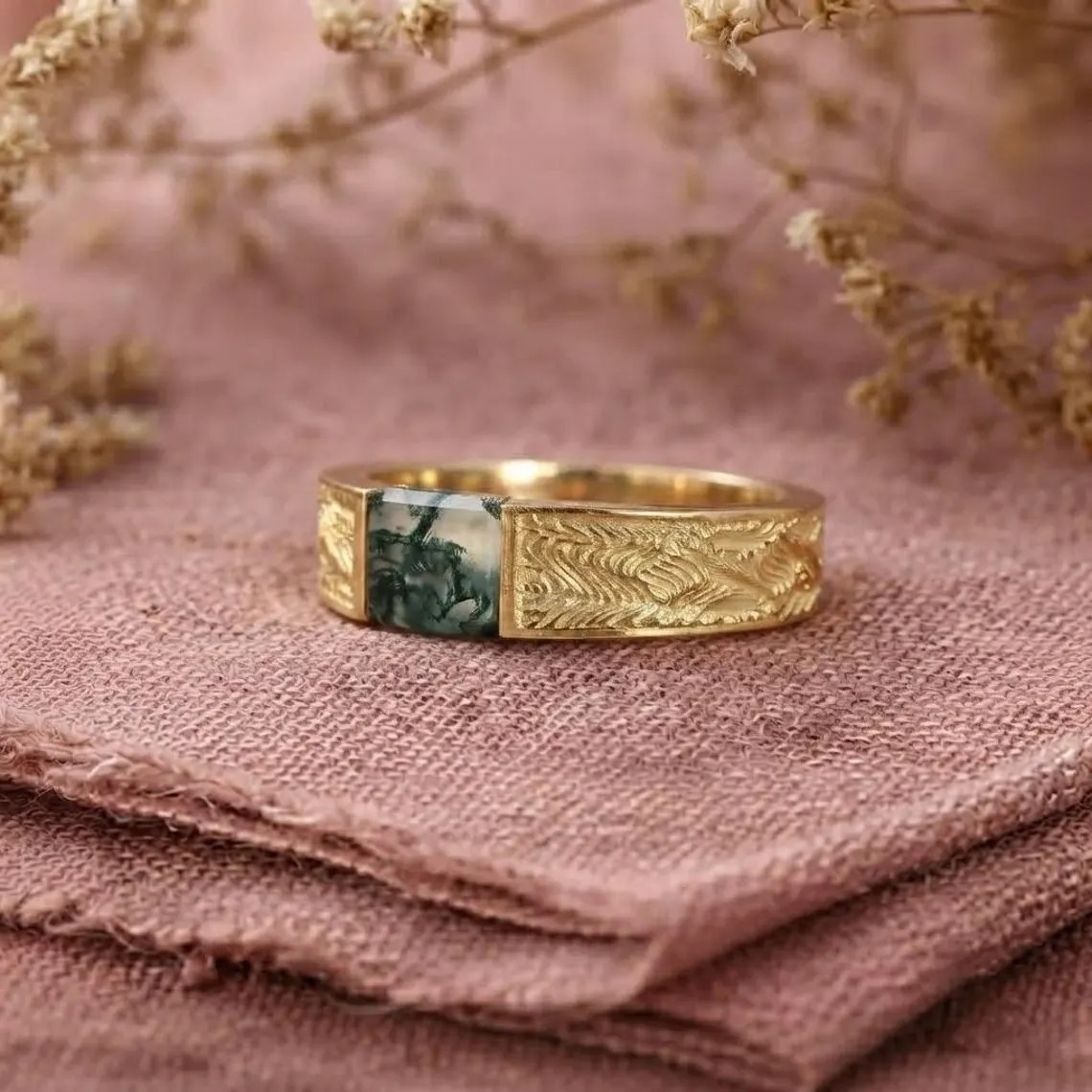 Natural Green Moss Agate Ring, Men's Ring, Men's agate Wedding Band, Baguette Cut Green Agate Band, Wedding Handmade Ring Personalized Gift