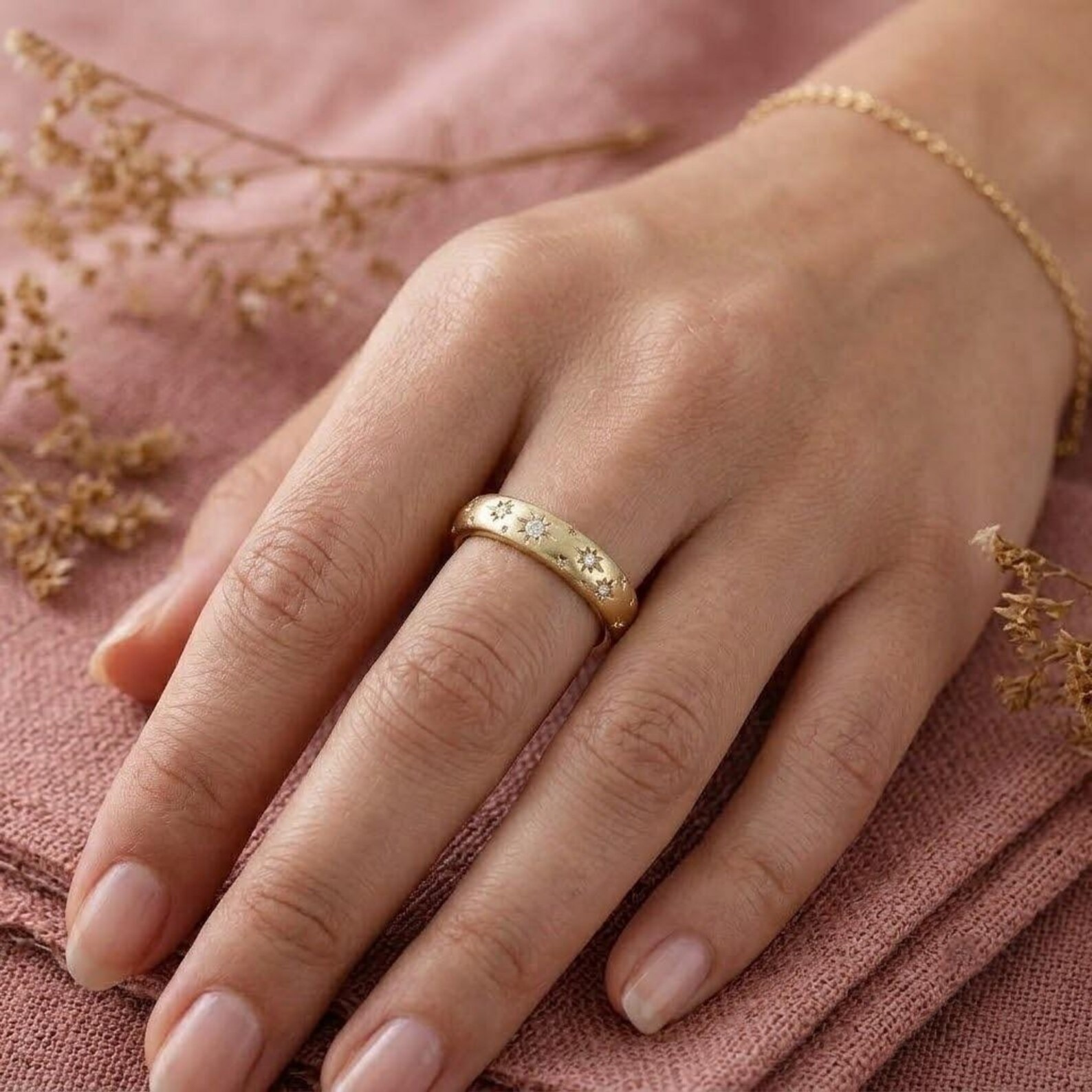 14K Solid Gold Diamond Starburst Wedding Band , Eternity Diamond Band, Star Engraved Stacking Ring, Celestial Ring For Women, Proposal Rings