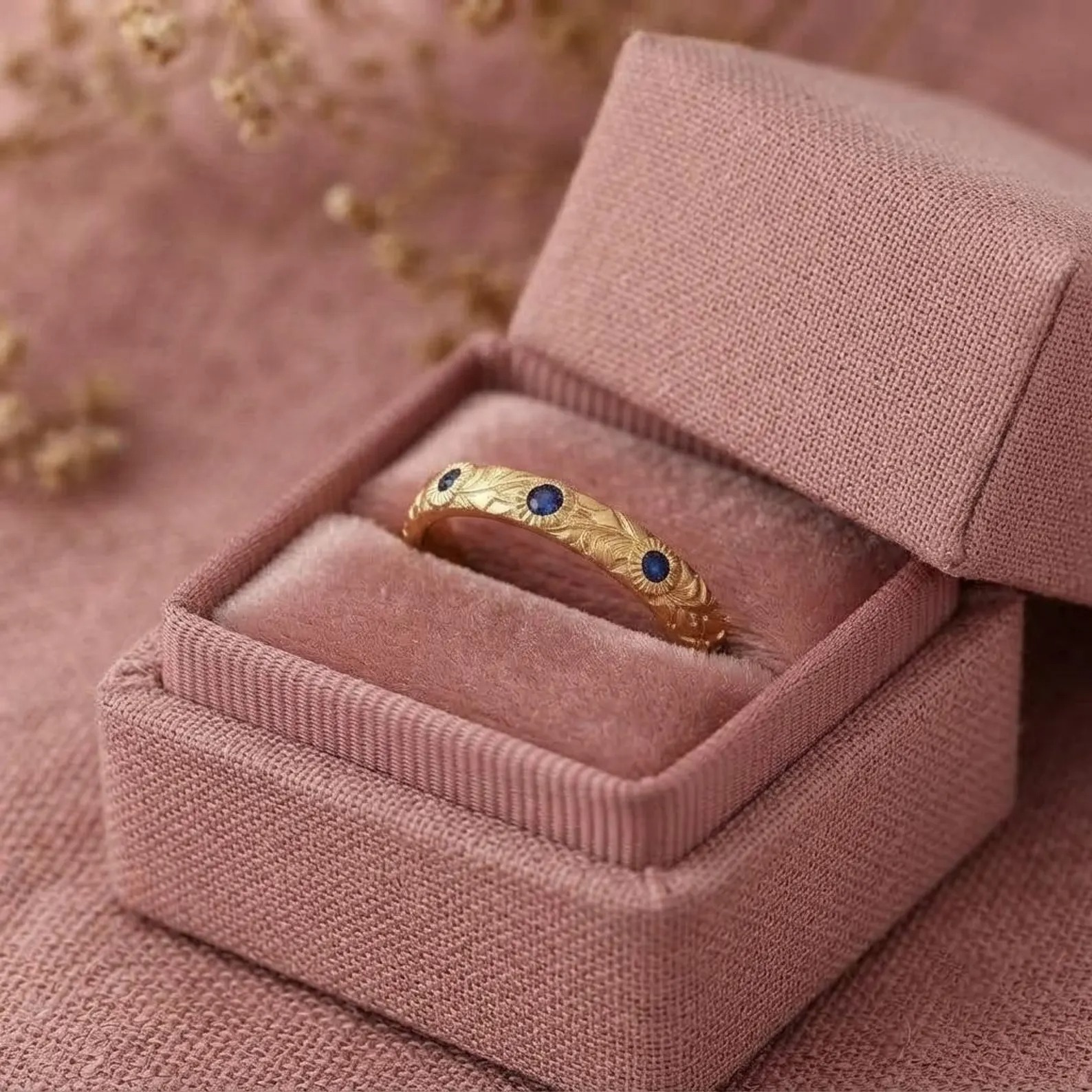 Blue Sapphire Wedding Band, Engraved Gold Band, Nature Inspired Stacking Ring, Leaf Vine Ring, September Birthstone Jewelry, Gift For Women