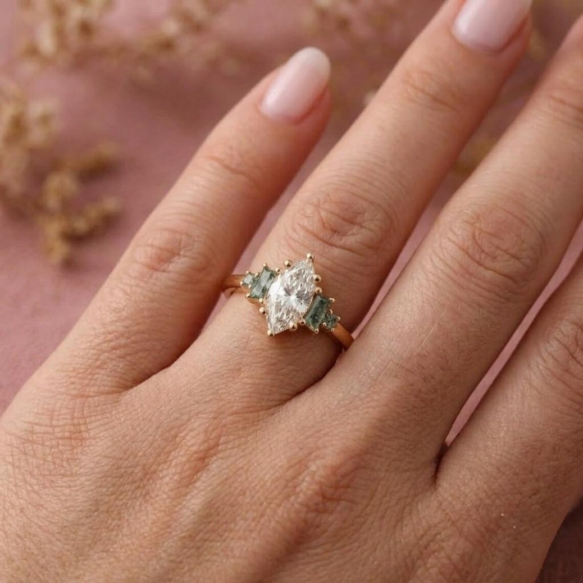 Marquise Moissanite Moss Agate Engagement Ring, Vintage Side Accent, Baguette Green Gemstone Ring, Unique Bridal Gold Jewelry, Gift for Her