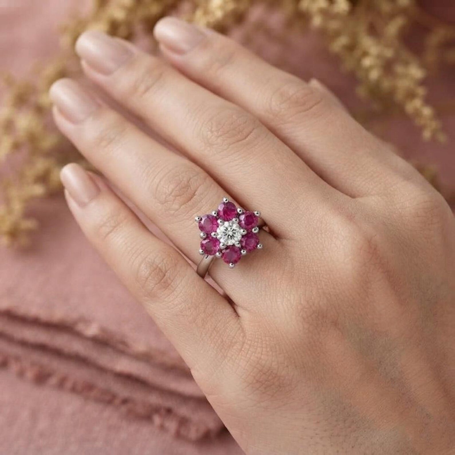 Pink Ruby Engagement Ring, Flower Diamond Cluster Ring, Silver Flower Ring Minimalist Ruby Flower Ring, Lotus Ring, Anniversary Gift For Her