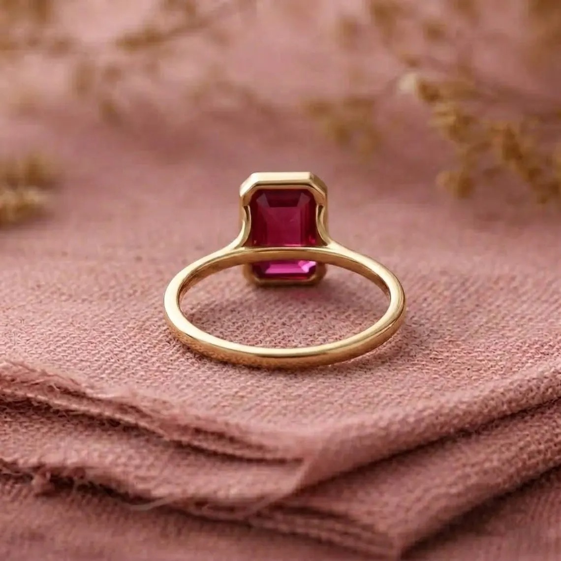 Emerald Cut Ruby Engagement Ring, 14K Solid Yellow Gold Ring, Bezel Set Statement Ring, Anniversary Gift For Her, Bridal Ring, Promise Ring