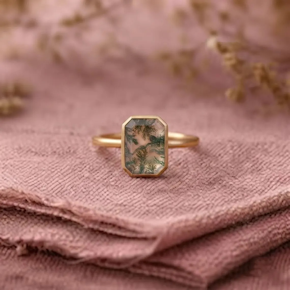 Vintage Bezel Setting Moss Agate Ring, Emerald Cut Solitaire Nature Inspired Ring, June Birthstone Green Ring, Moss Agate Engagement Ring