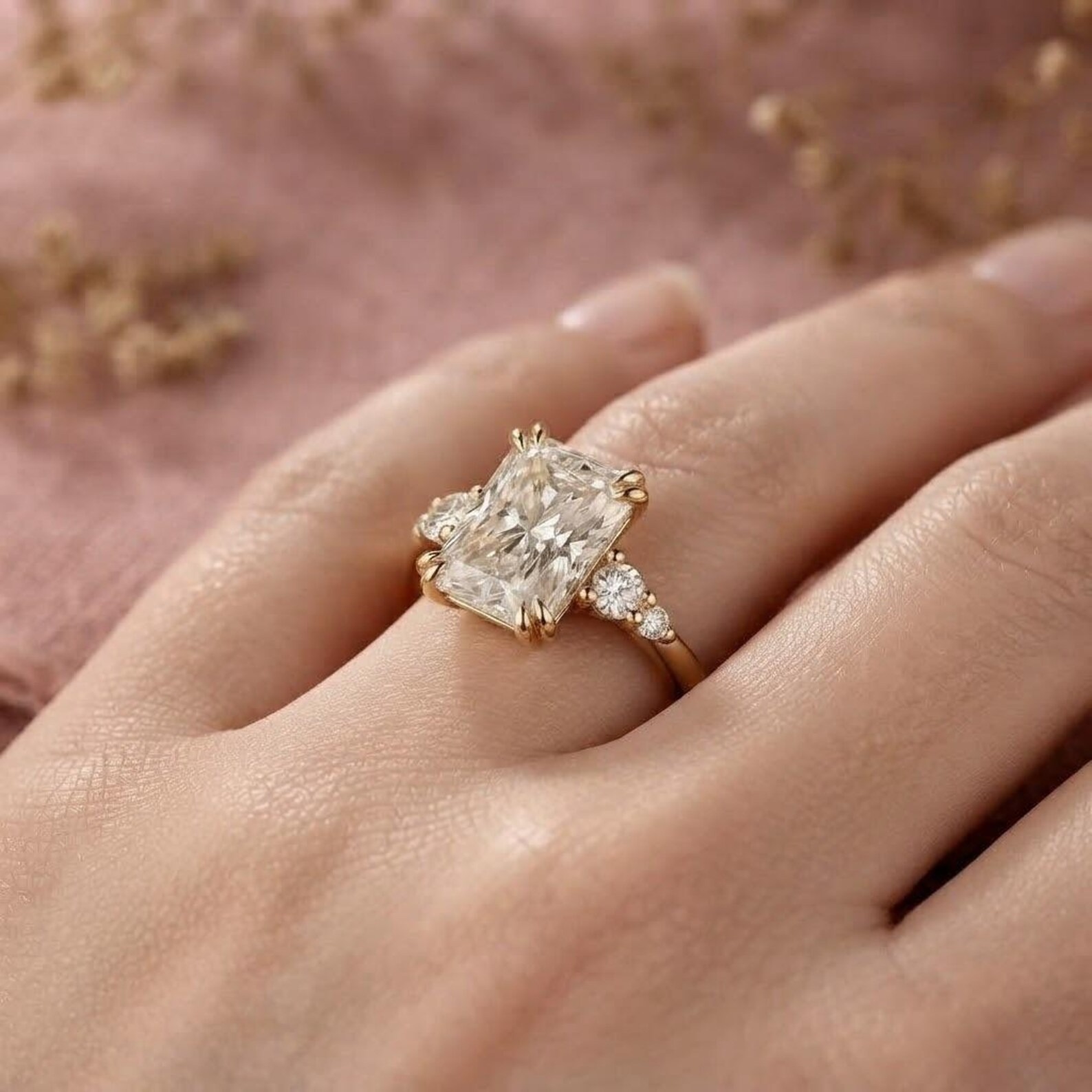Vintage Radiant Cut Moissanite Engagement Ring, Double Prong Set Wedding Ring for Women, Five Stone Anniversary Ring Gift, Art Deco Jewelry