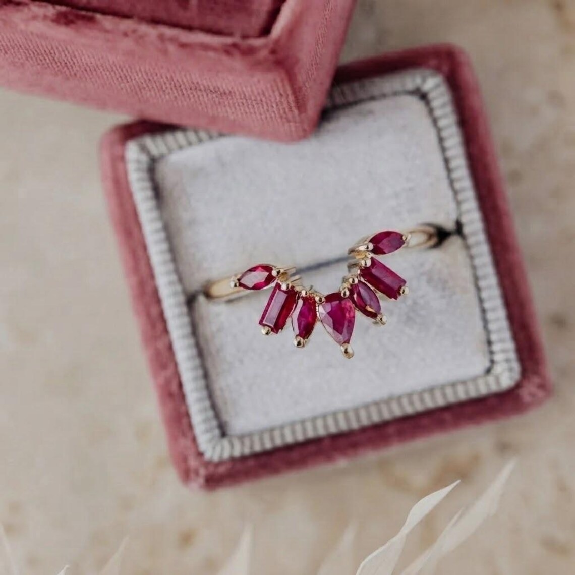 14K Yellow Gold Ruby Ring, Ruby Wedding Band For Women, Half Eternity Red Gemstone , Pear Ruby Marquise Engagement Ring, Vintage Curved Band
