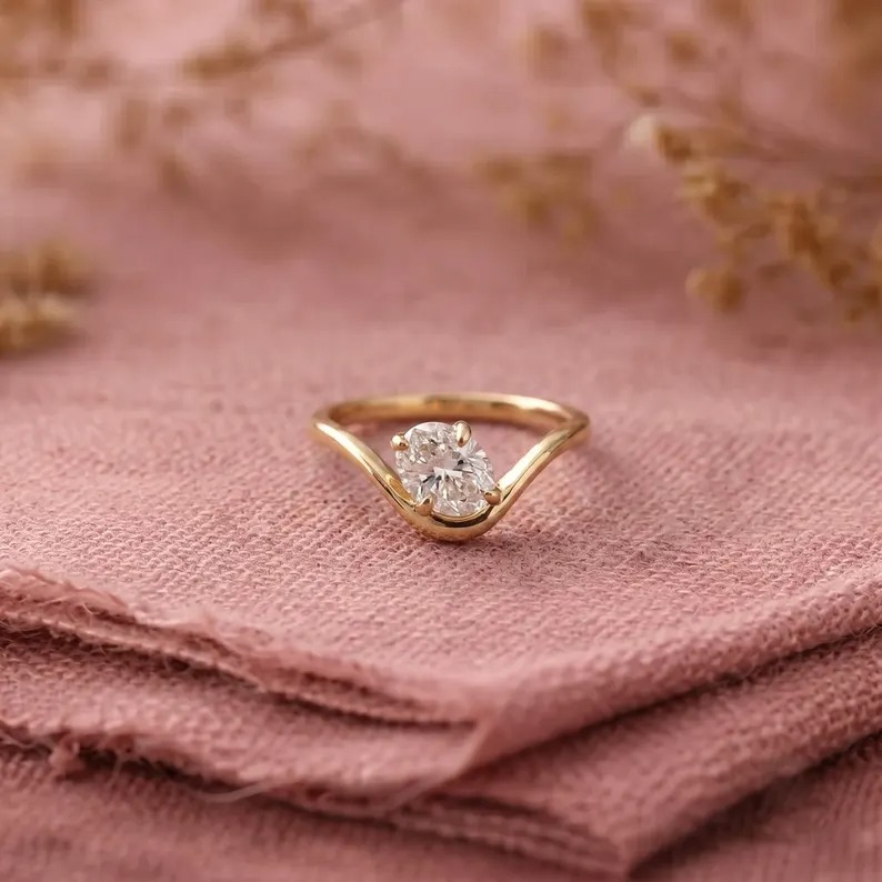Oval Moissanite Ring 14k Solid Gold Floating Gem Ring East West Unique Sideway Oval Cut Ring Unique Floating Stone Wedding Promise Ring Gift