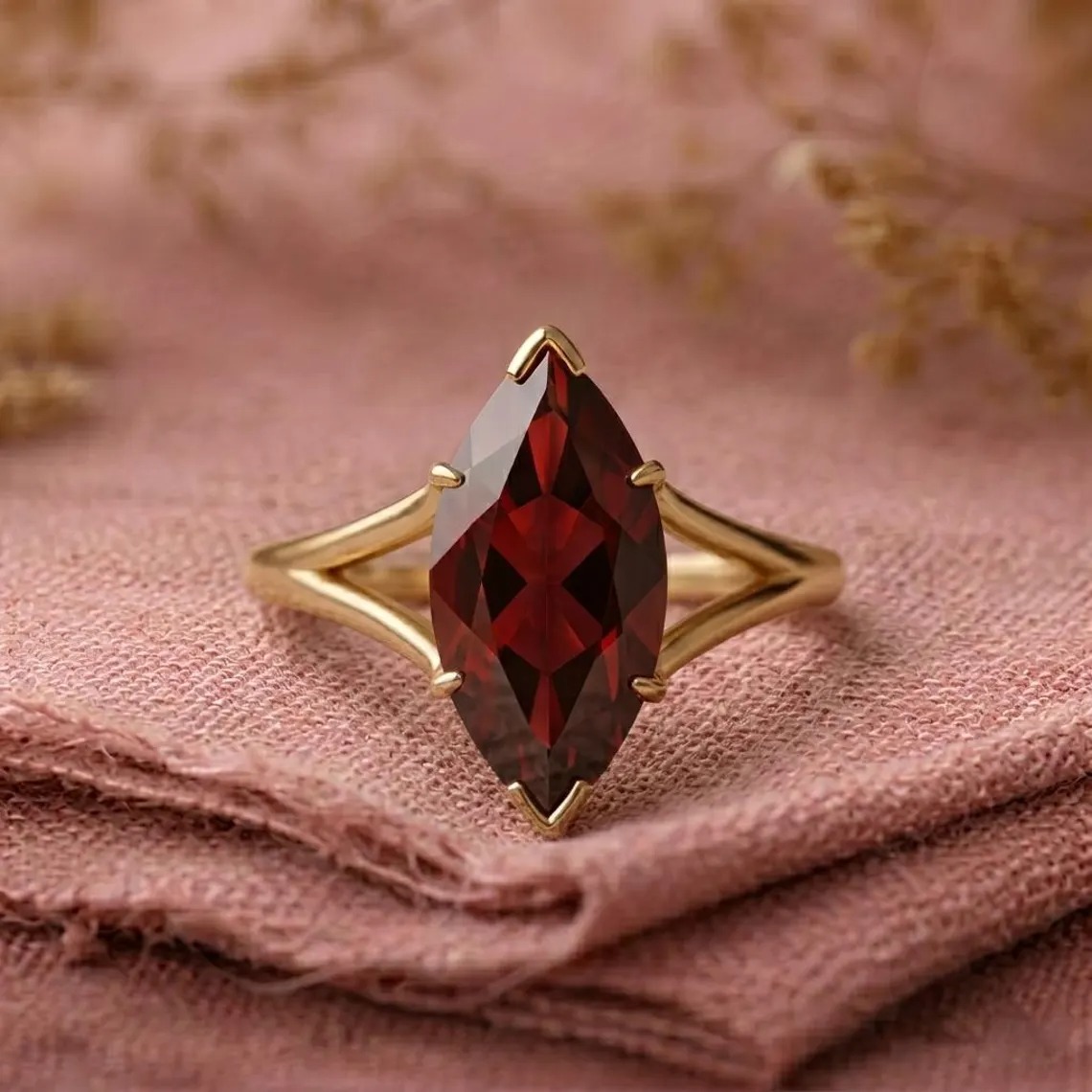 Marquise Cut Garnet Ring, 14K Yellow Gold Split Shank Solitaire Jewellry, Art Deco Red Garnet Engagement Ring, Vintage Style Gift For Women