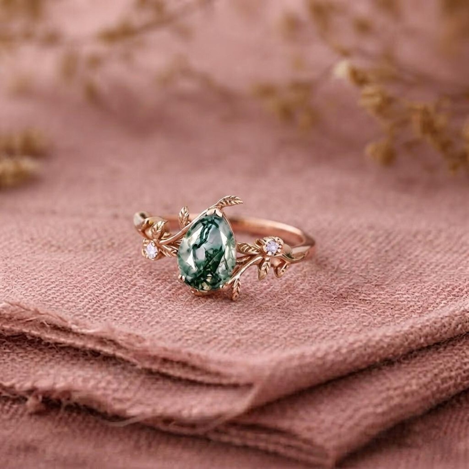 Pear Moss agate Engagement Ring, Leaf Ring, Nature Inspired Ring, Branch Ring, Personalized Ring, Delicate Ring, Promise Ring For Women