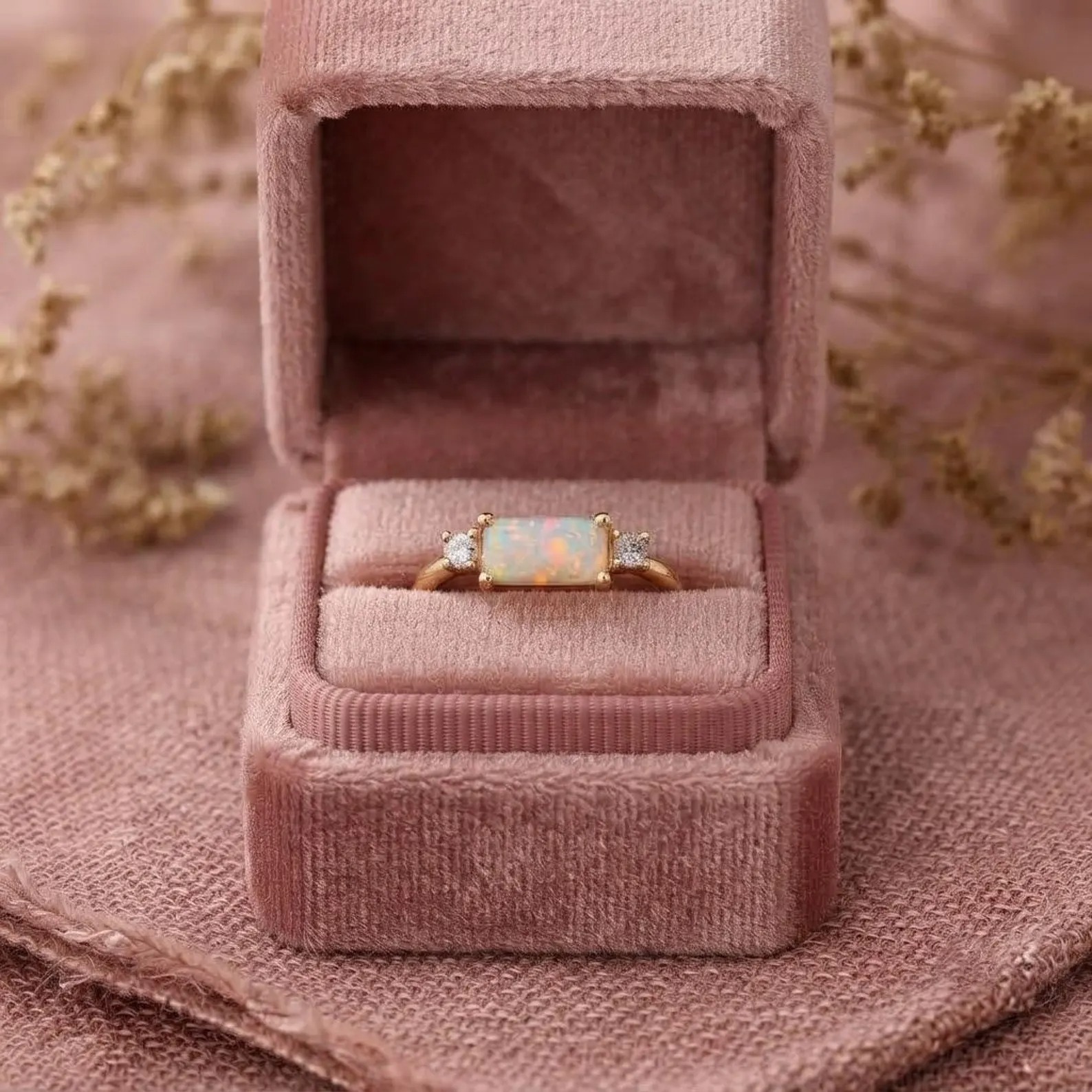 Minimalist Opal Ring Rose Gold Three Stone Baguette Cut Opal Ring Dainty Moissanite Ring Engagement Ring Personalized Ring Gemstone Gift