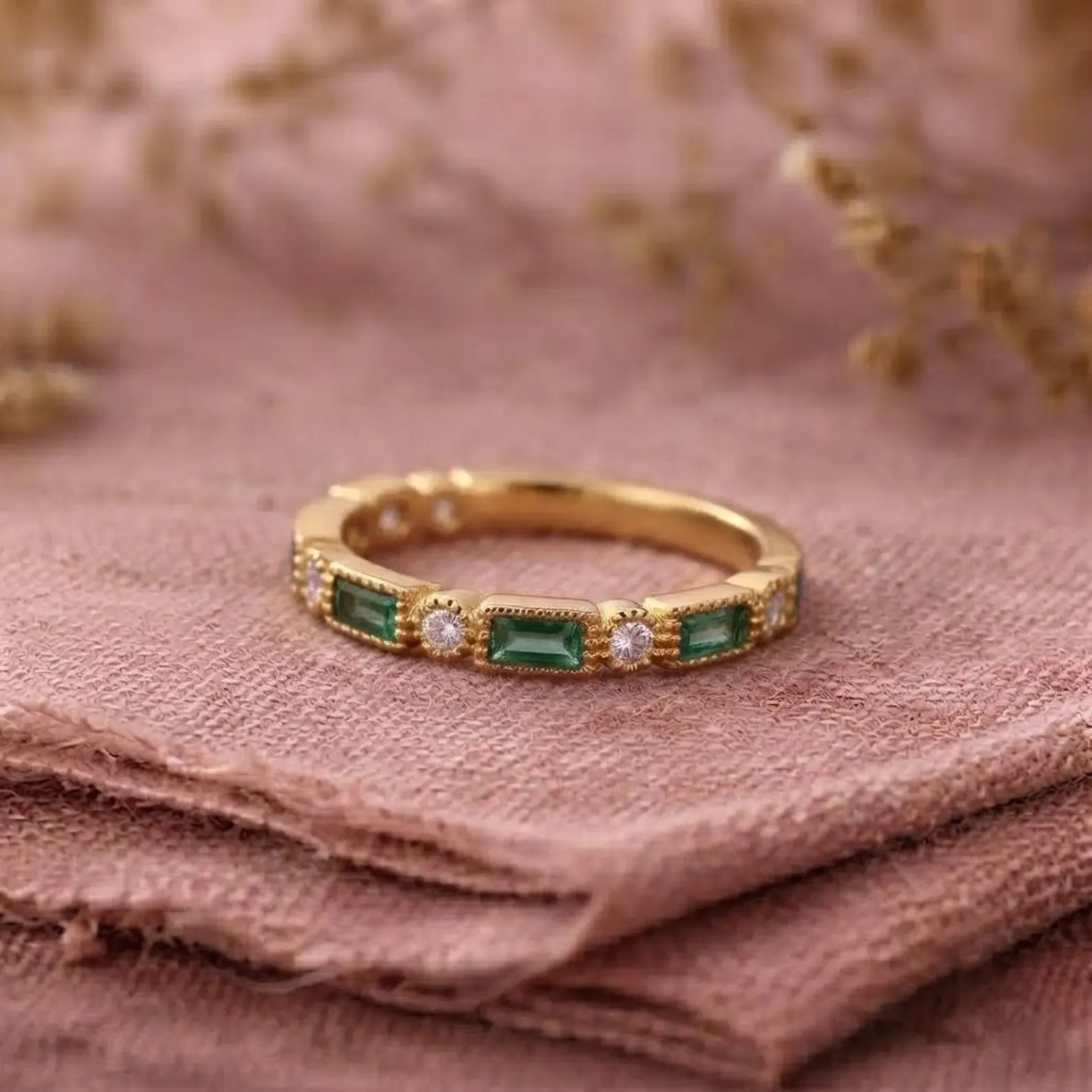 Baguette Emerald Half Eternity Wedding Band, Art Deco Moissanite Ring, Matching Band, Vintage May Birthstone Promise Band, Gift for Her