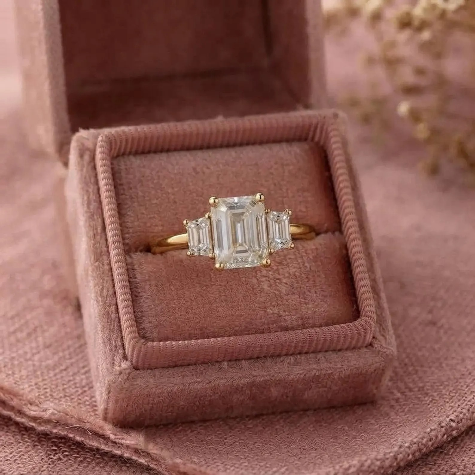 3CT Moissanite Ring, Three Stone Emerald Cut Moissanite Engagement Ring With Solid Gold Baguette Moissanite Wedding Ring, Christmas Gift