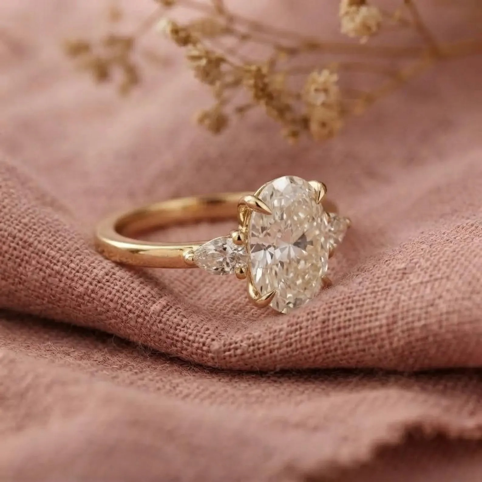 2.5ct Oval Cut Moissanite Ring, Petite Three Stone Engagement Ring, 14K Solid Gold Dainty Minimalist Jewelry, Pear Side Stone Promise Ring