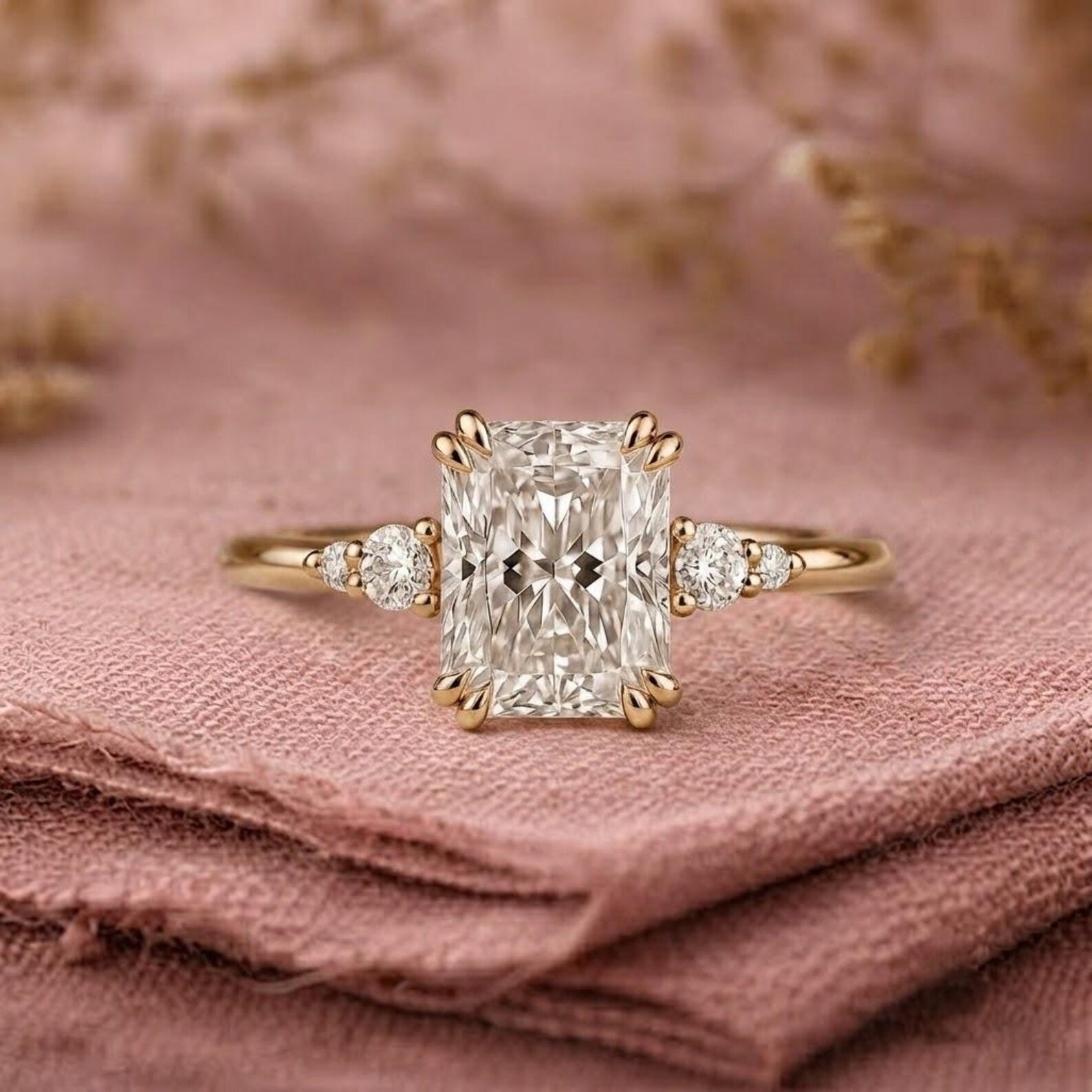 Vintage Radiant Cut Moissanite Engagement Ring, Double Prong Set Wedding Ring for Women, Five Stone Anniversary Ring Gift, Art Deco Jewelry