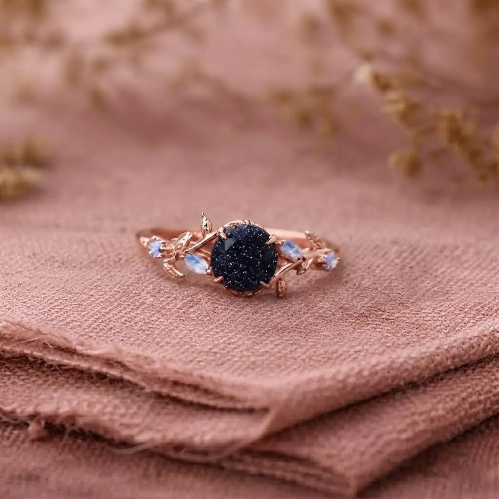 Galaxy Sandstone Ring, Round Engagement Ring, Twig Leaf Ring, Cluster Alexandrite, Moonstone, Moissanite, Sandstone Multi Gemstone Ring