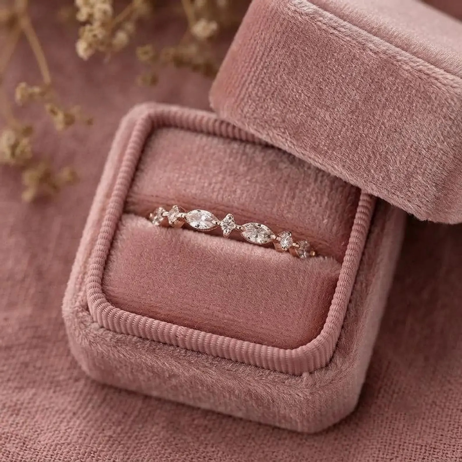 Silver Marquise Moissanite Wedding Band, Leaf Design Eternity Ring, Stackable Bridal Band, Anniversary Gift For Her, Bridal Promise Band