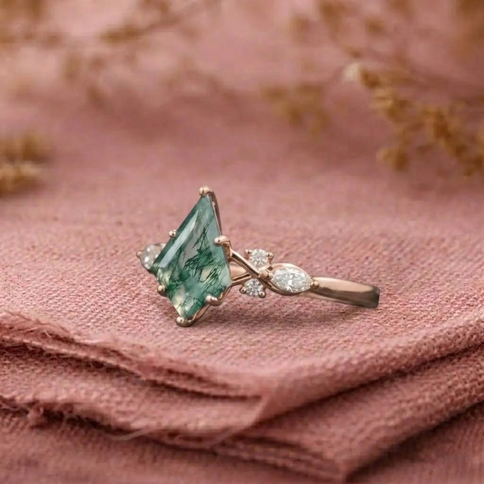 Vintage Moss Agate Engagement Ring, Kite Cut Moss Agate Ring, Leaf Diamond Cluster 925 Sterling Silver Nature Inspired Jewelry, Ring for Her
