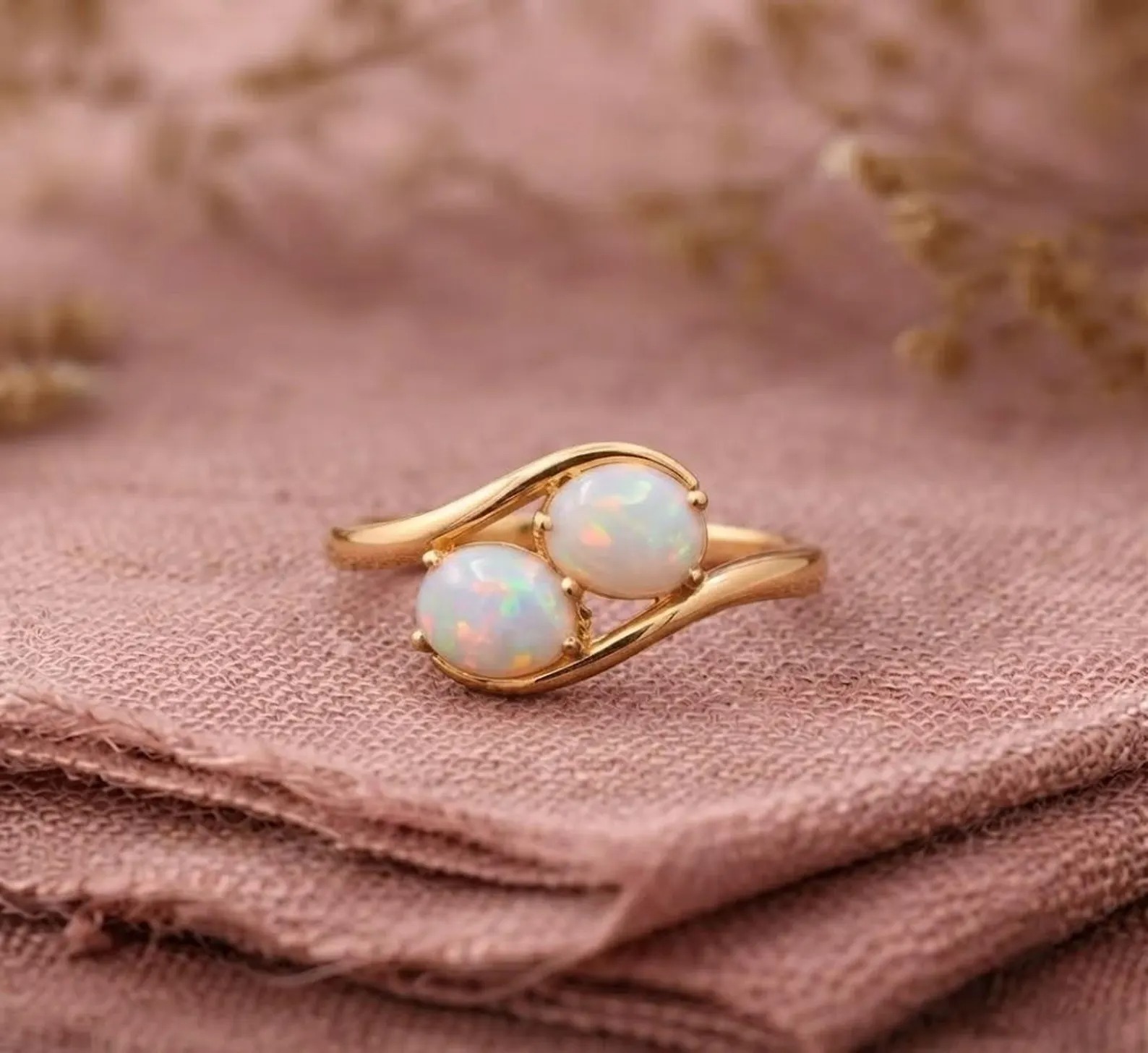 Oval Opal Dual Stone Ring, 925 Sterling Silver, Opal Gemstone Jewelry, October Birthday Gift, Gold Opal Ring, Christmas Gift, Gift for her