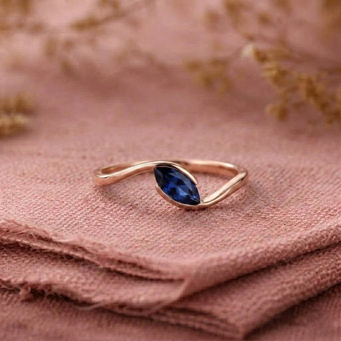 Marquise Cut Sapphire Wedding Ring, East-West Bypass Blue Gemstone Bridal Jewelry, Dainty 14k Solid Gold Engagement Ring, Christmas Gift