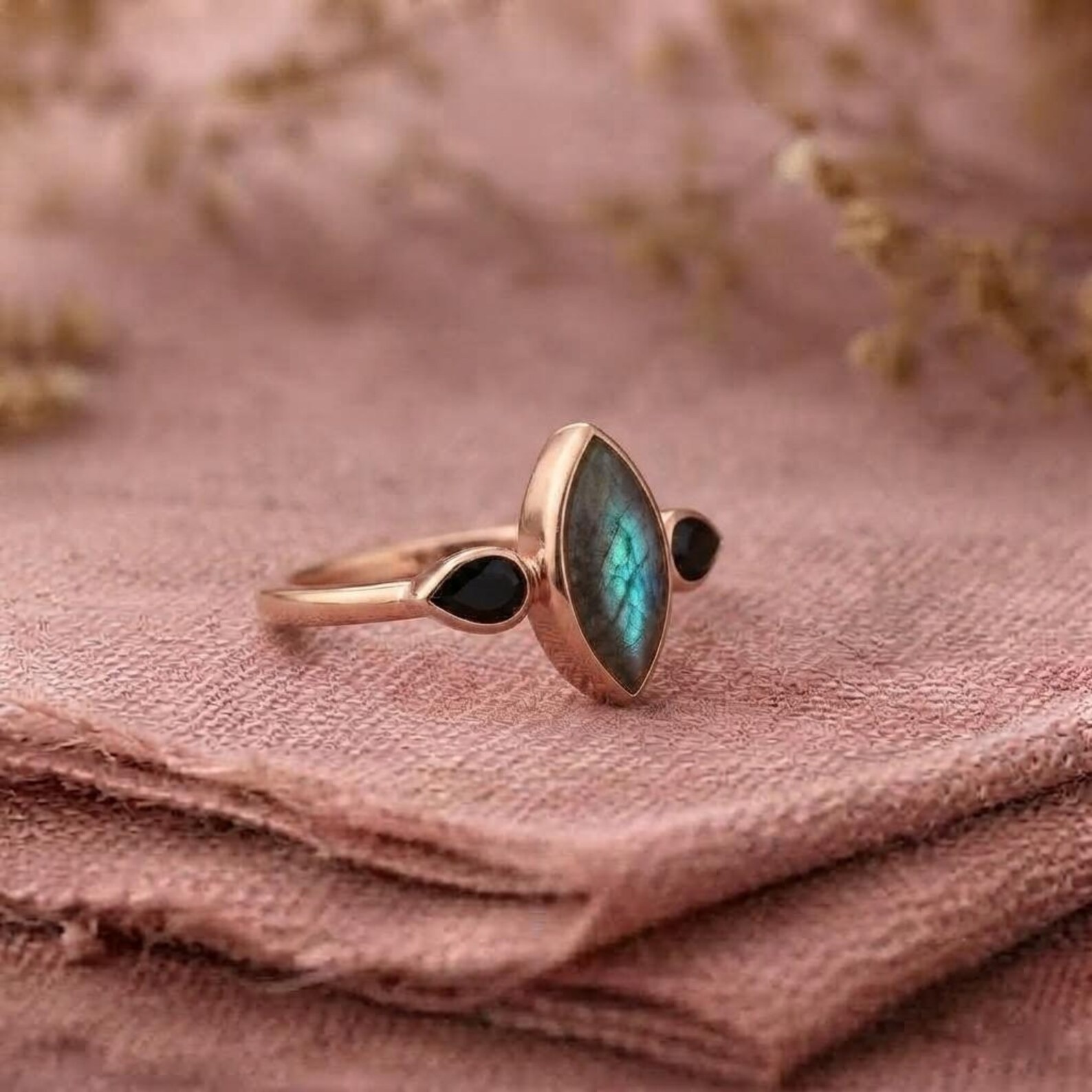 Marquise Cut Labradorite Ring, 14K Rose Gold Nature Inspired Engagement Ring, Pear Black Onyx Cluster Promise Ring, Unique Minimalist Ring