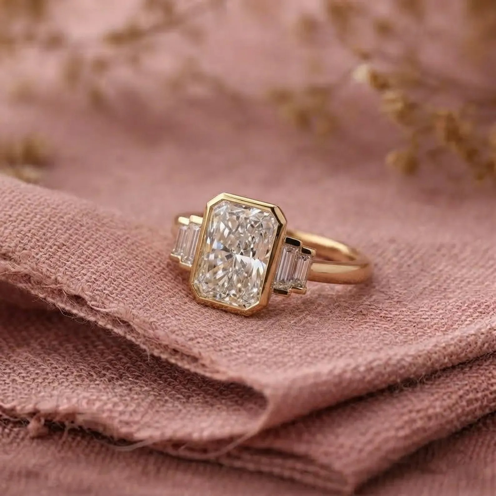 Bezel Set Emerald Cut Moissanite Engagement Ring, Baguette Cut Ring, Moissanite Cluster Ring, Promise Ring for Women, Five Stone Bridal Ring
