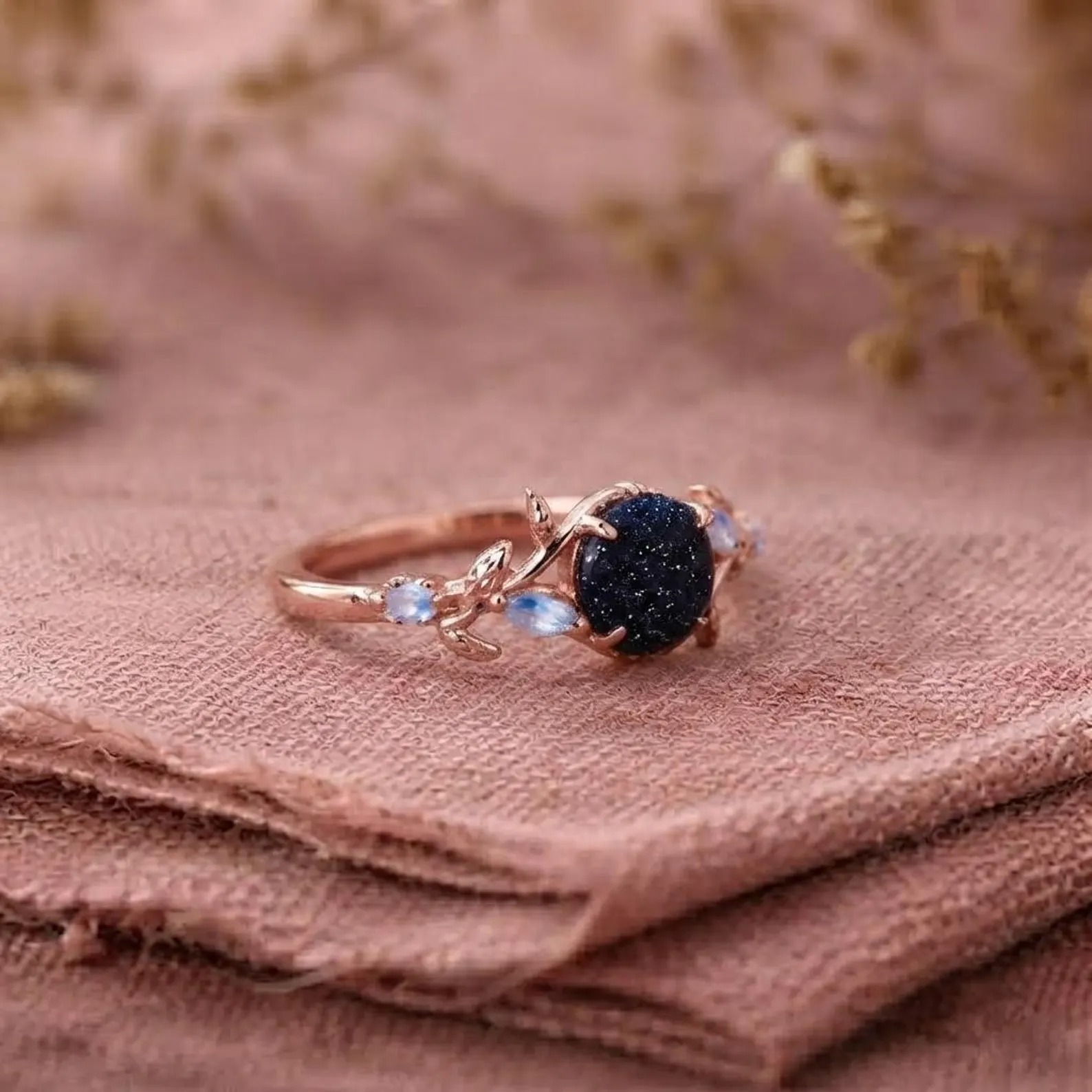Galaxy Sandstone Ring, Round Engagement Ring, Twig Leaf Ring, Cluster Alexandrite, Moonstone, Moissanite, Sandstone Multi Gemstone Ring