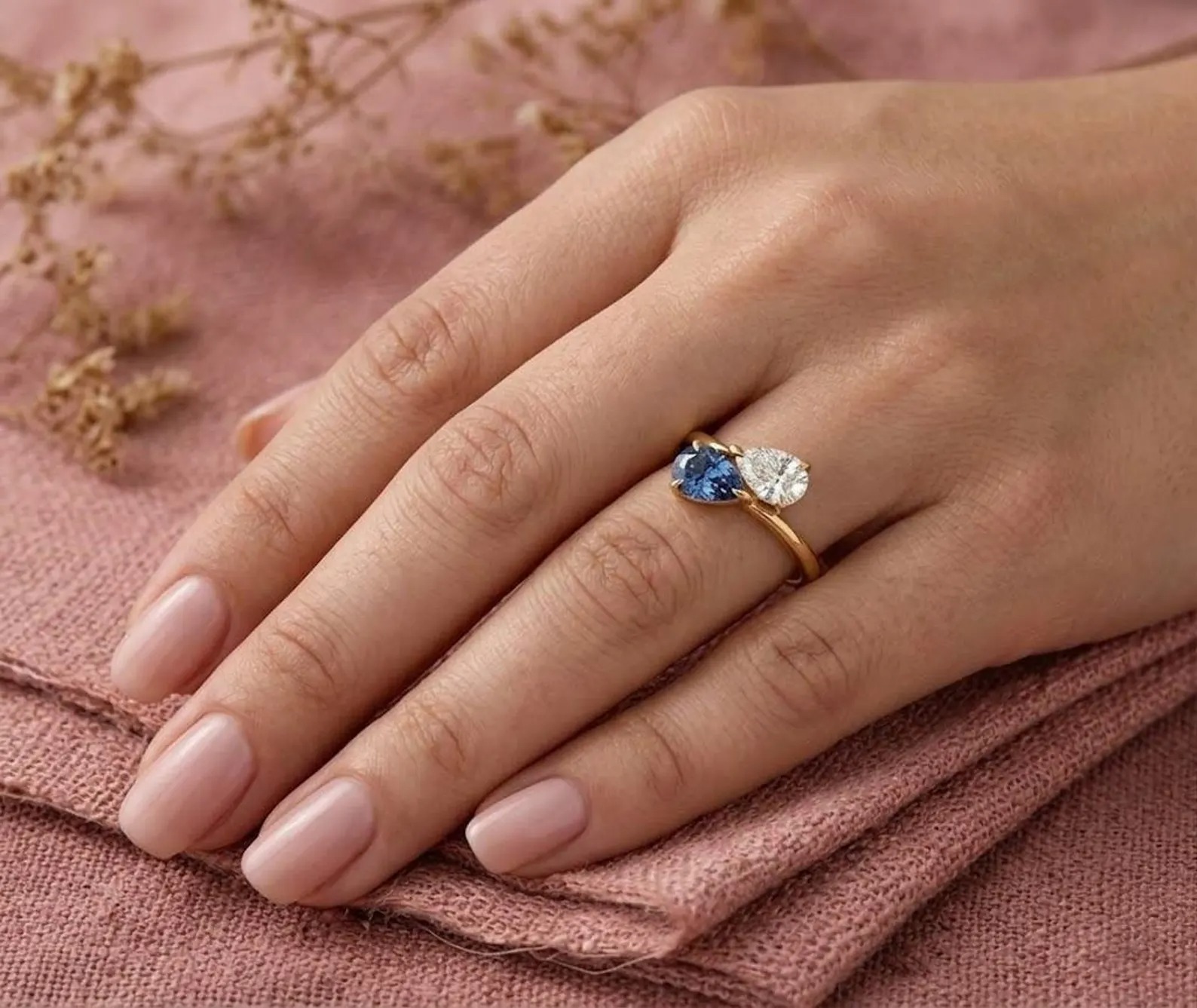Toi et Moi Moissanite And Sapphire Engagement Ring, Cluster Two Stone Pear Cut Gemstone Wedding Ring, Vintage Anniversary Gift, Ring For Her
