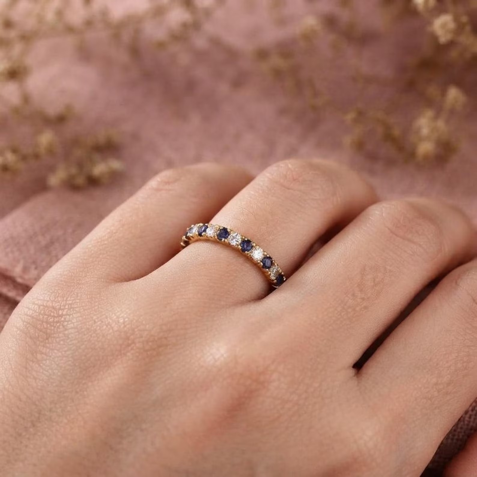 Blue Sapphire Moissanite Wedding Band, White Gold Ring Half Eternity September Birthstone Band, Christmas Gift, Promise Ring, Gift For Her