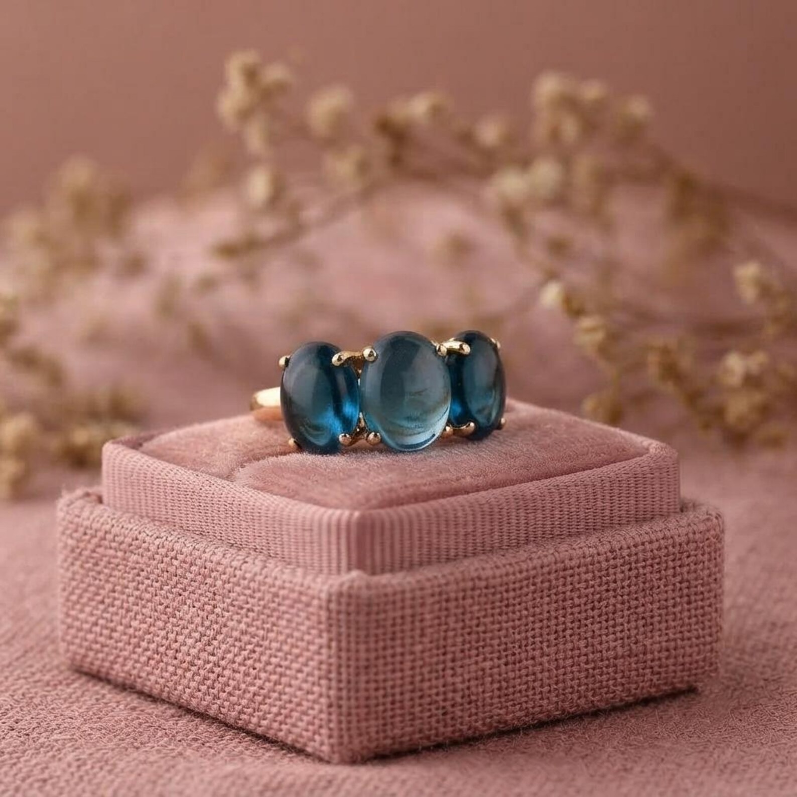 Oval Cut London Blue Topaz Solid Gold Wedding Ring Women 14kHandmade Art Deco Cluster Ring, Dainty Minimalist Gold Gemstone Gift For Her