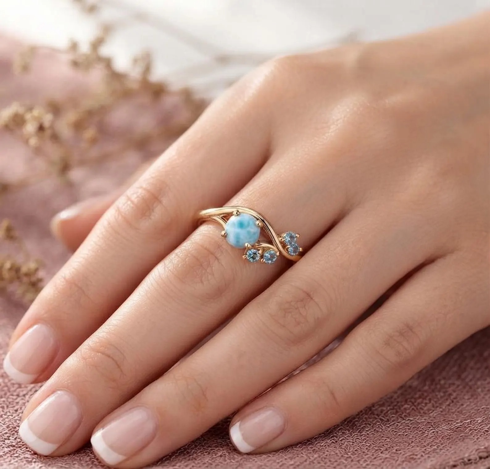 Larimar Ring with Aquamarine, Round Larimar Gemstone Ring, Ocean Blue Ring, Gold Floral Gift Ring, Botanical Jewelry, Nature Inspired Gift