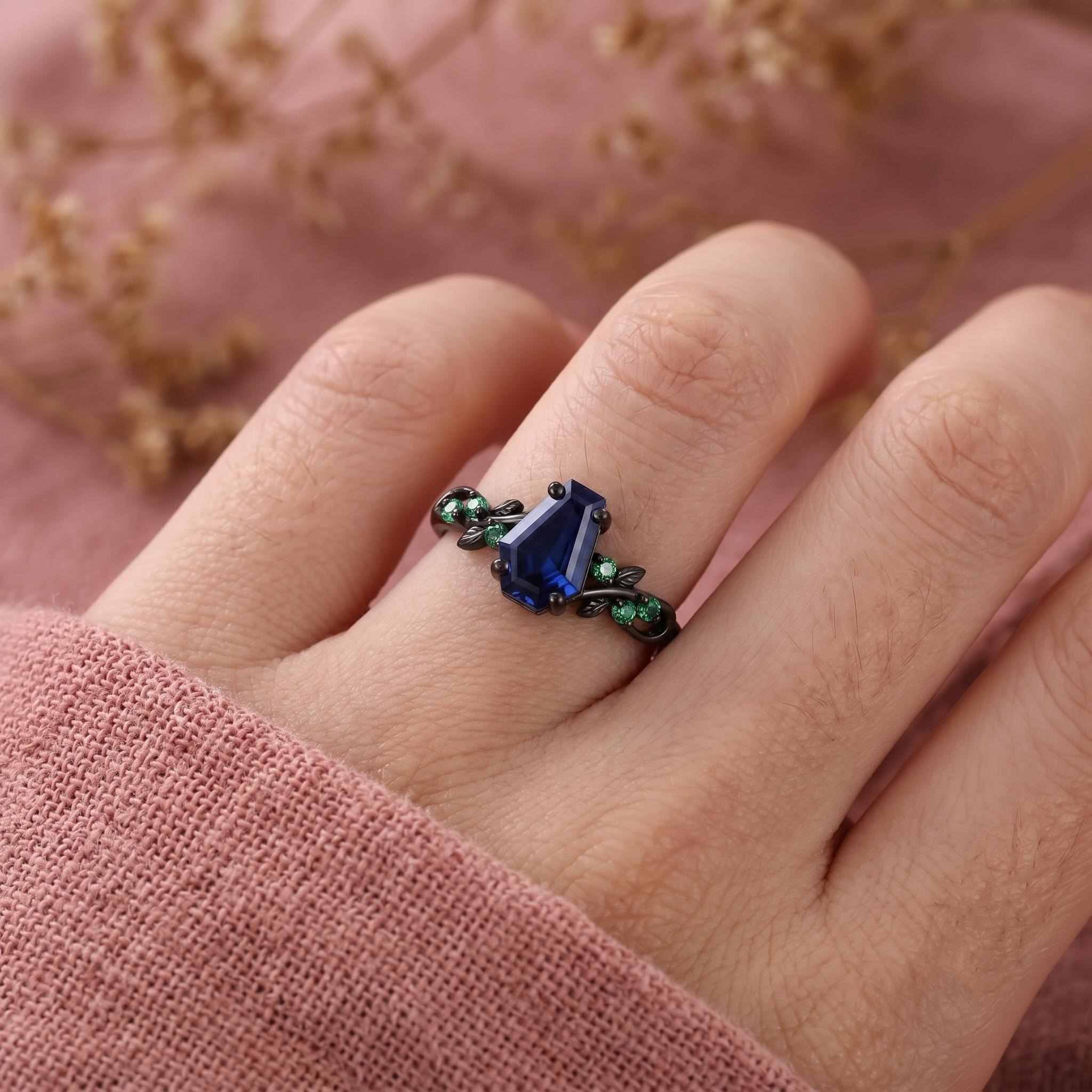 Blue Sapphire Coffin Ring, Black Gold Engagement Ring, Gothic Leaf Wedding Ring, Nature Inspired Promise Ring, Alternative Bridal Jewelry