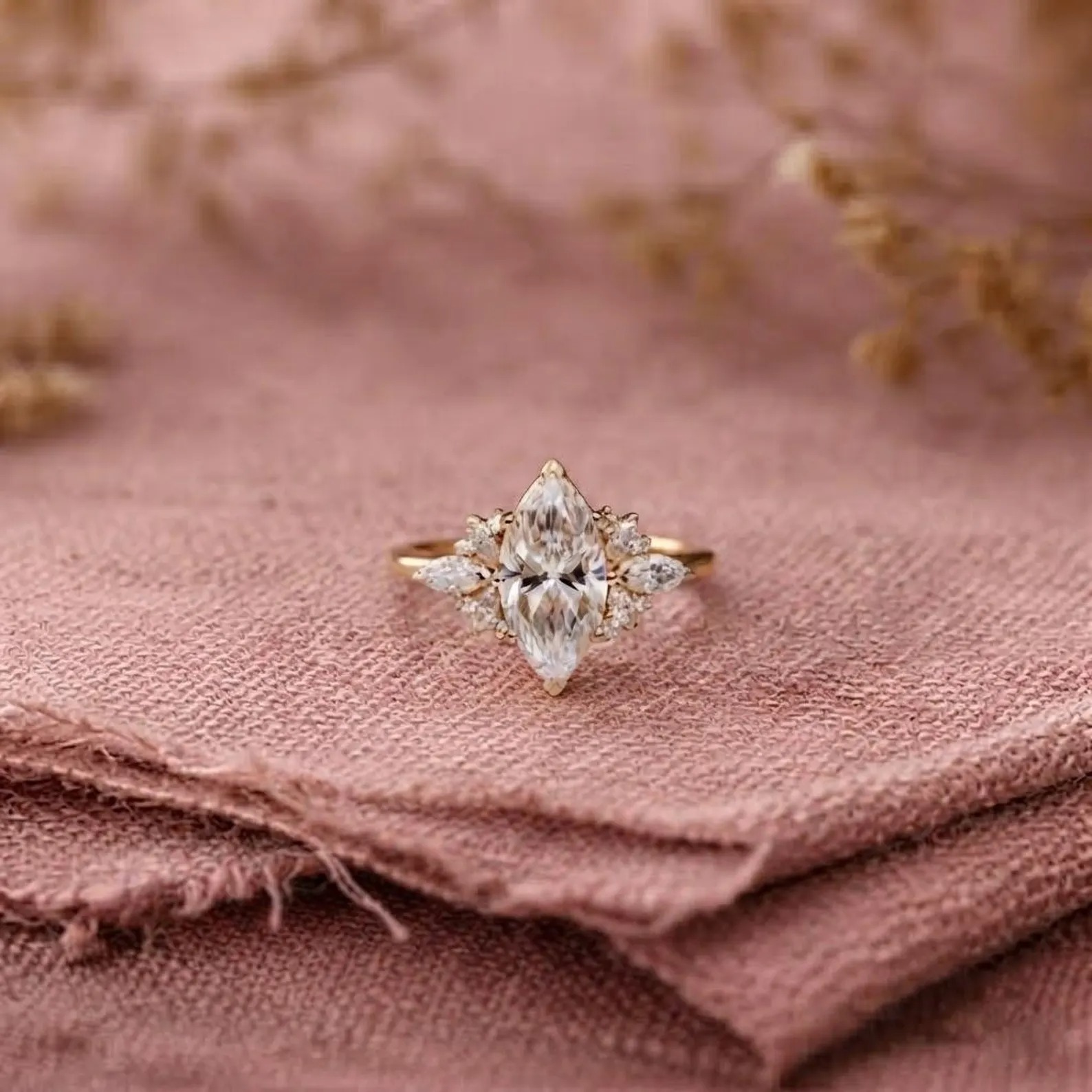 Marquise Cut Moissanite Engagement Ring With Diamond Cluster, 14k Rose Gold Promise Ring, Moissanite Ring, Bridal Anniversary Ring For Her