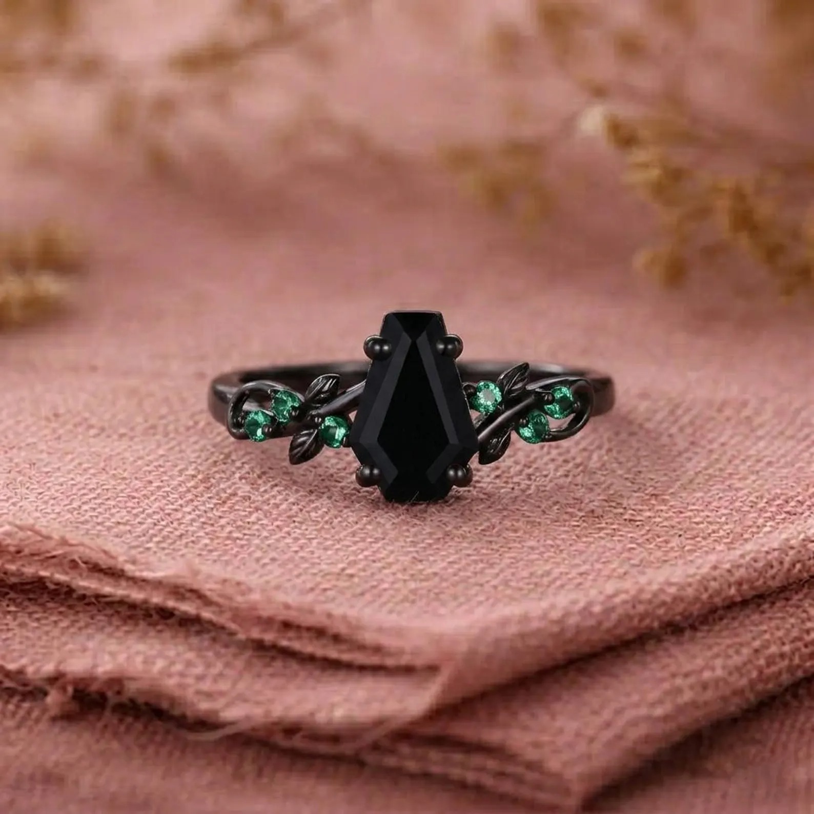 Coffin Cut Black Onyx Engagement Ring, Black Gold Art Deco Leaf Ring, Nature Inspired Emerald Wedding Ring, Bridal Promise Ring