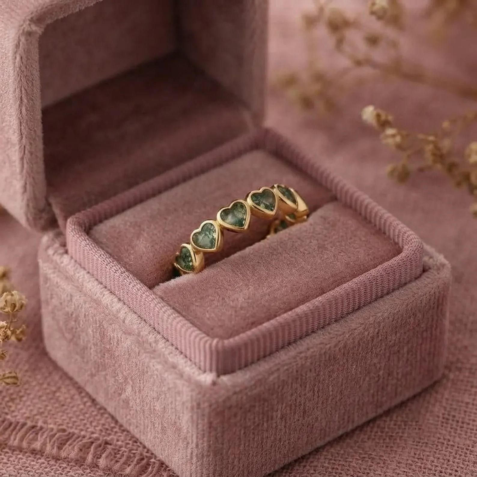 Moss Agate Heart Eternity Band, 14k Gold Bezel Set Green Agate Ring, Full Heart Ring, Stacking Wedding Band, Unique Valentine Gift For Her