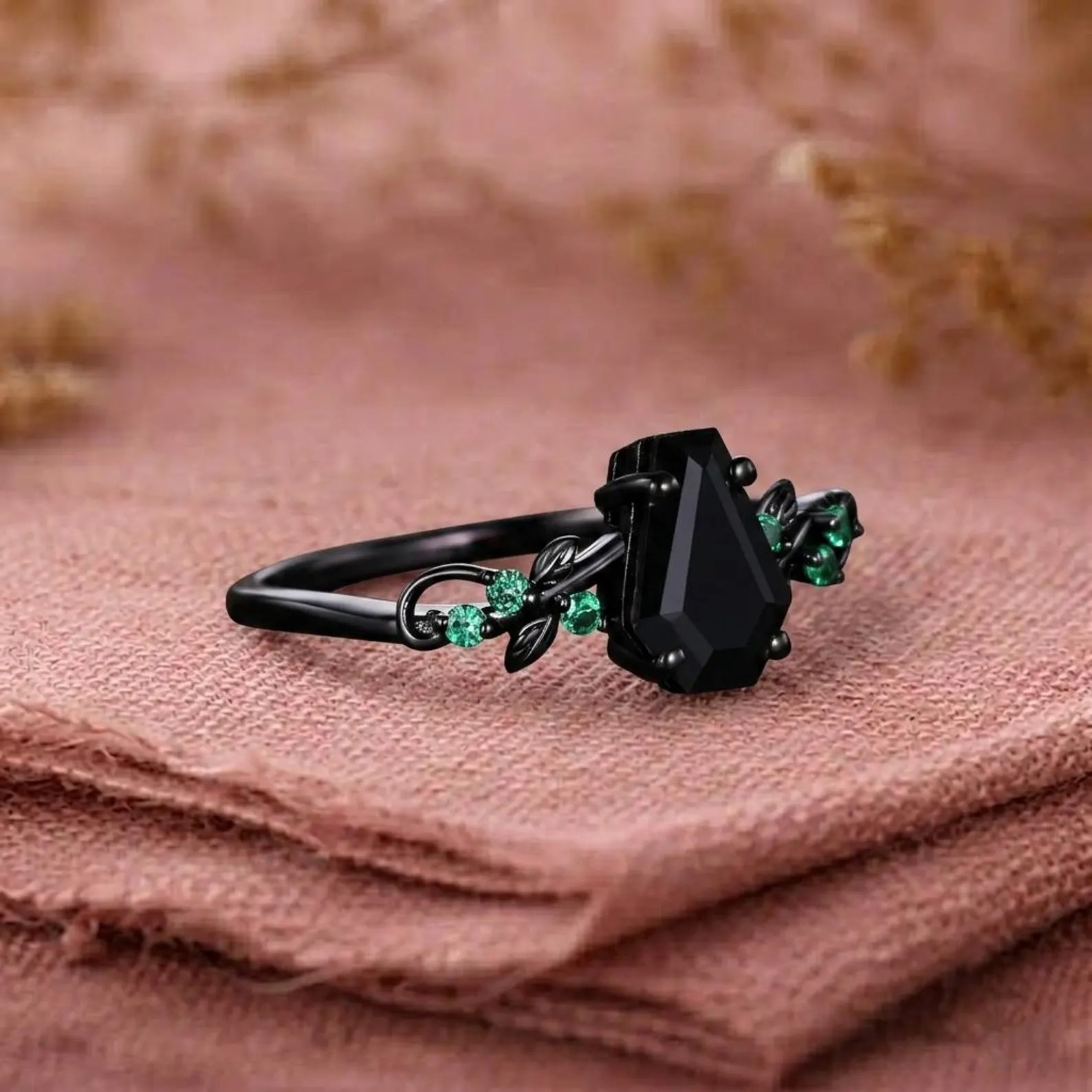 Coffin Cut Black Onyx Engagement Ring, Black Gold Art Deco Leaf Ring, Nature Inspired Emerald Wedding Ring, Bridal Promise Ring