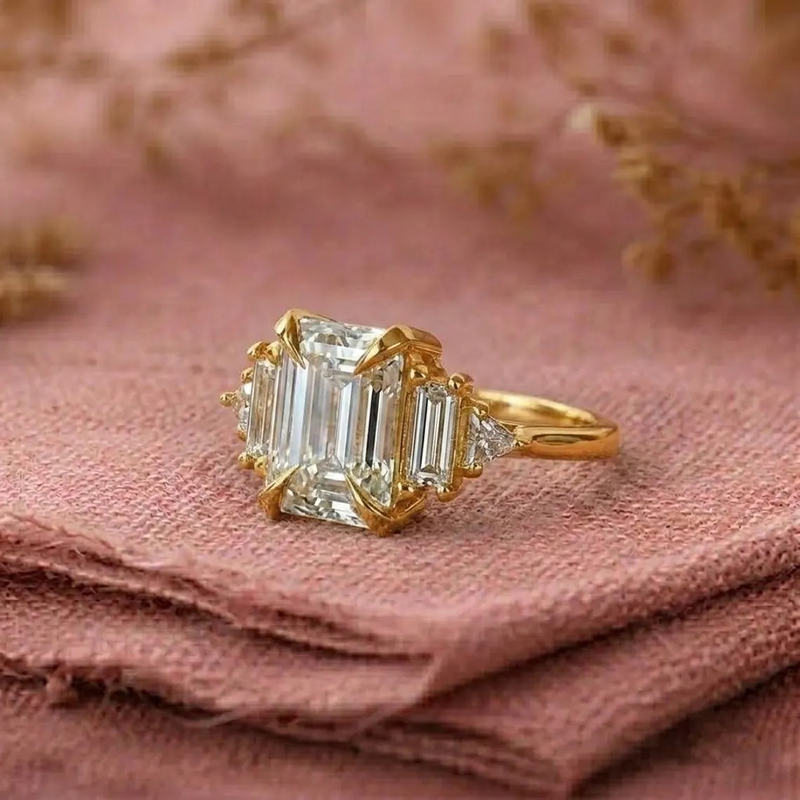 Art Deco Emerald Cut Engagement Ring, Baguette Cluster Wedding Ring, Geometric Gold Bridal Ring,