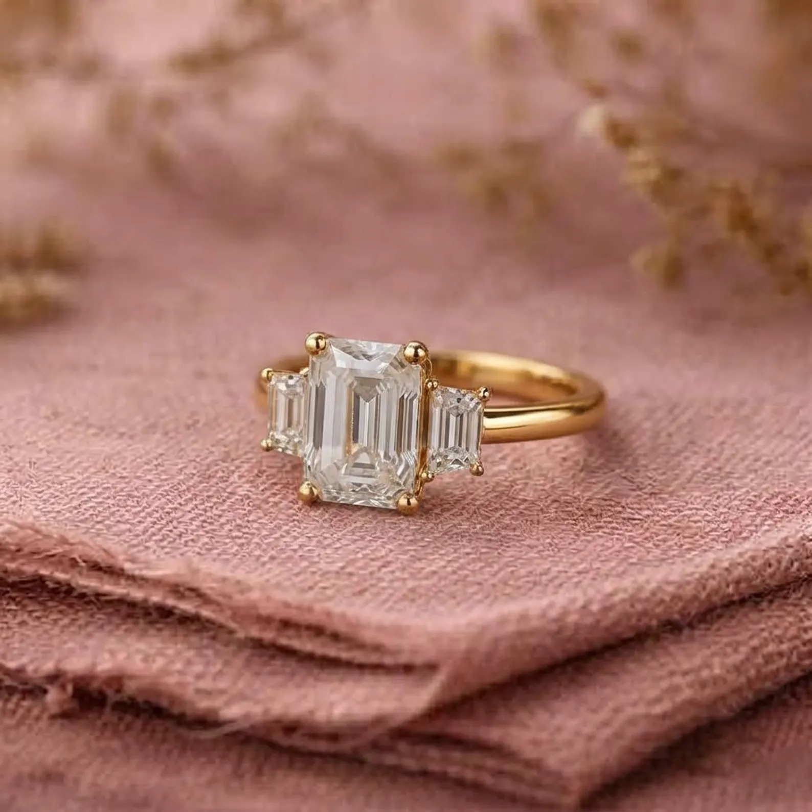 3CT Moissanite Ring, Three Stone Emerald Cut Moissanite Engagement Ring With Solid Gold Baguette Moissanite Wedding Ring, Christmas Gift
