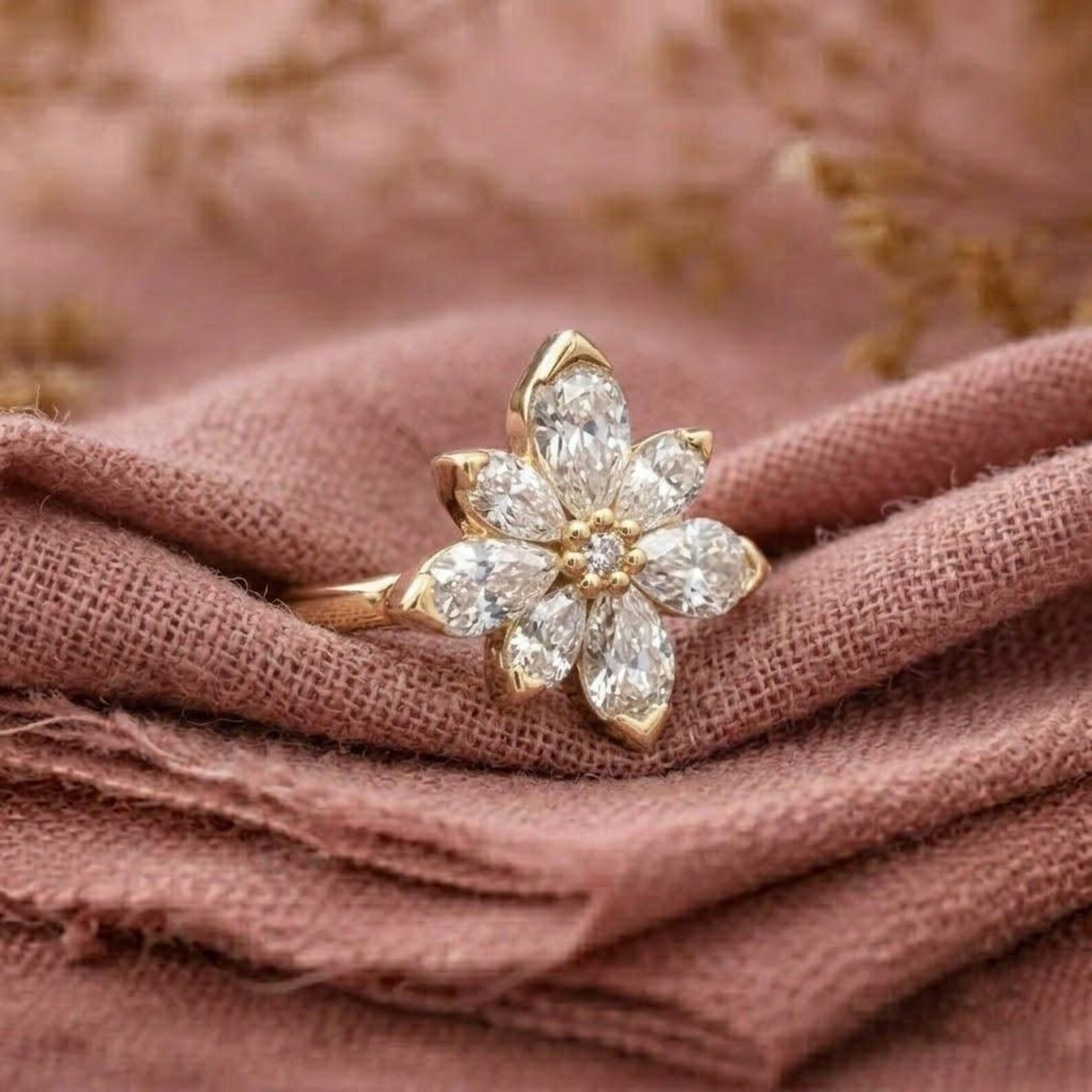 Flower Moissanite Engagement Ring, Unique Nature Inspired Bridal Ring, Pear Cut Moissanite Ring, 14K Rose Gold Ring, Dainty Moissanite Ring