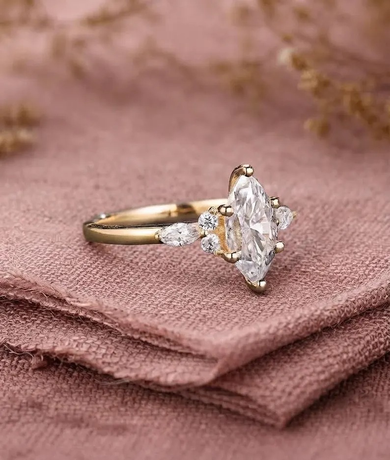 Vintage Marquise Cut Moissanite Engagement Ring Women's Diamond Wedding Ring with Side Stone Delicate 14k Solid Gold Diamond Promise Ring
