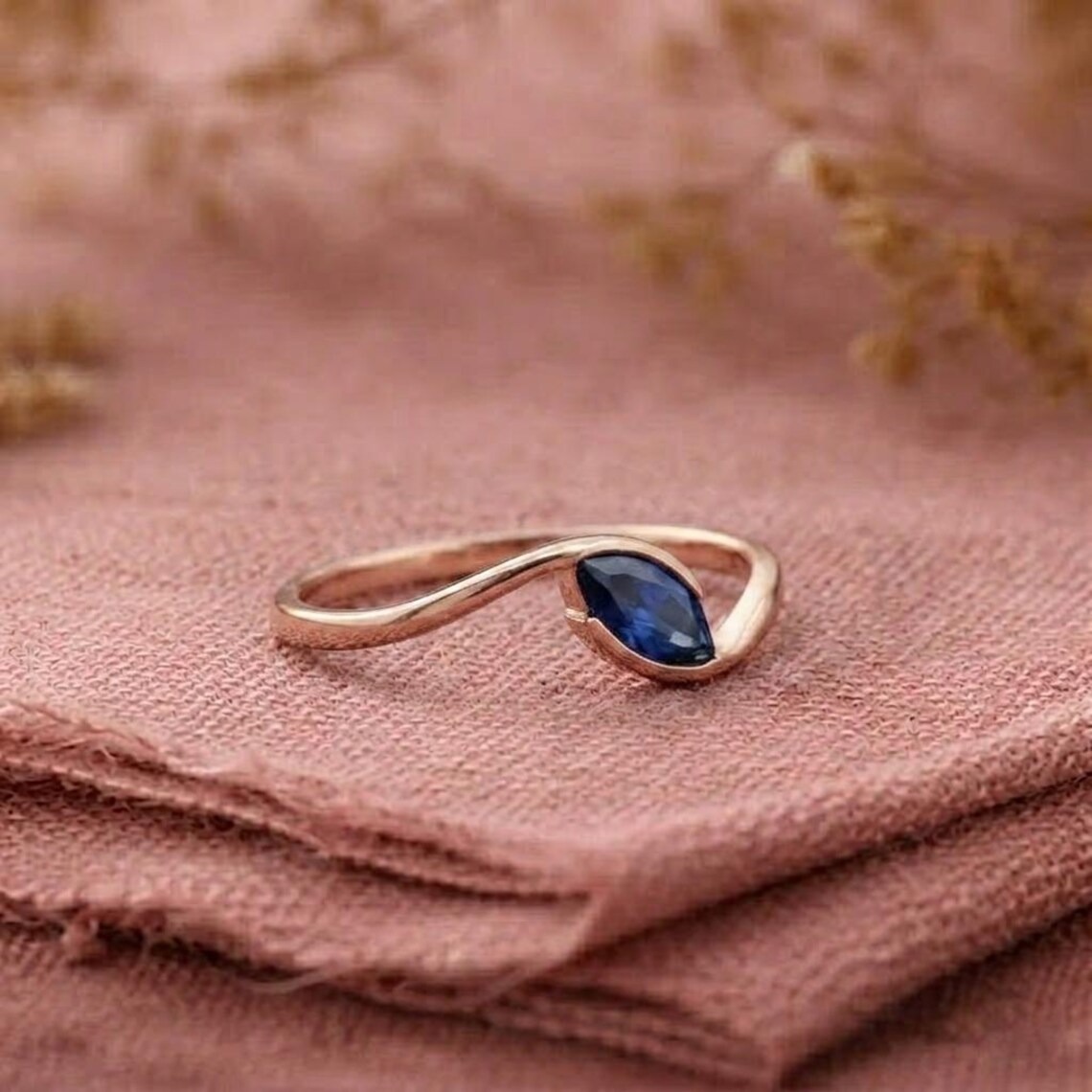 Marquise Cut Sapphire Wedding Ring, East-West Bypass Blue Gemstone Bridal Jewelry, Dainty 14k Solid Gold Engagement Ring, Christmas Gift