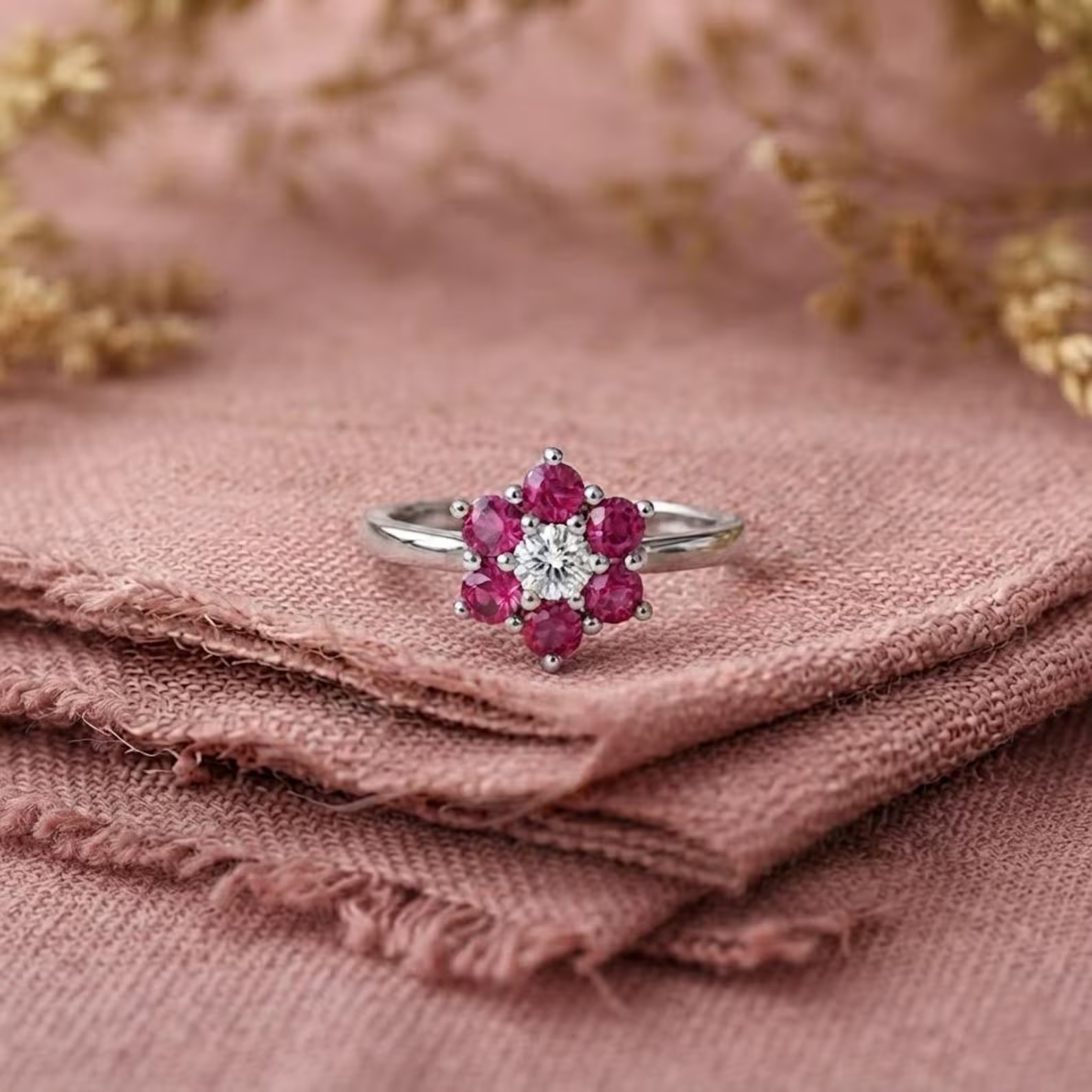Pink Ruby Engagement Ring, Flower Diamond Cluster Ring, Silver Flower Ring Minimalist Ruby Flower Ring, Lotus Ring, Anniversary Gift For Her